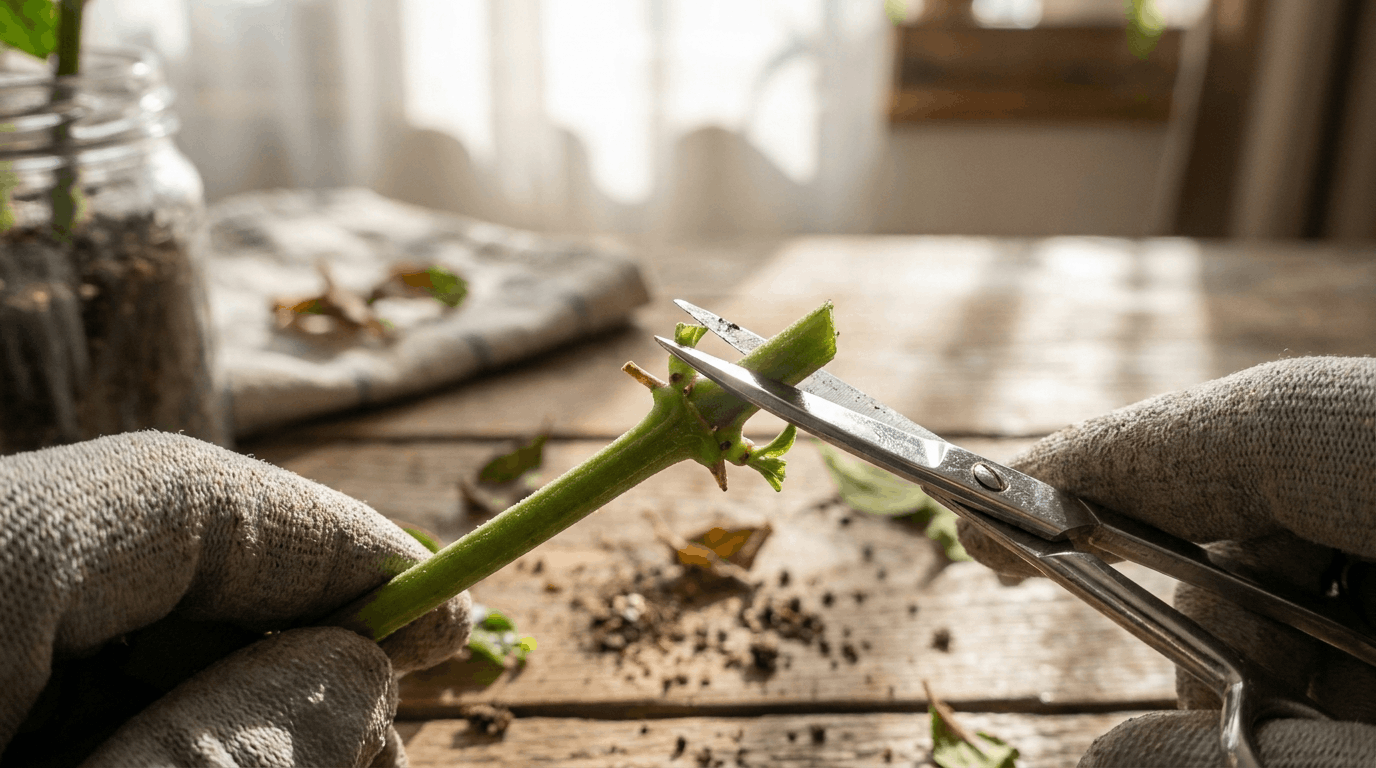 Close up of gardener making clean angled cut below plant node using sterilized scissors in indoor propagation setup.