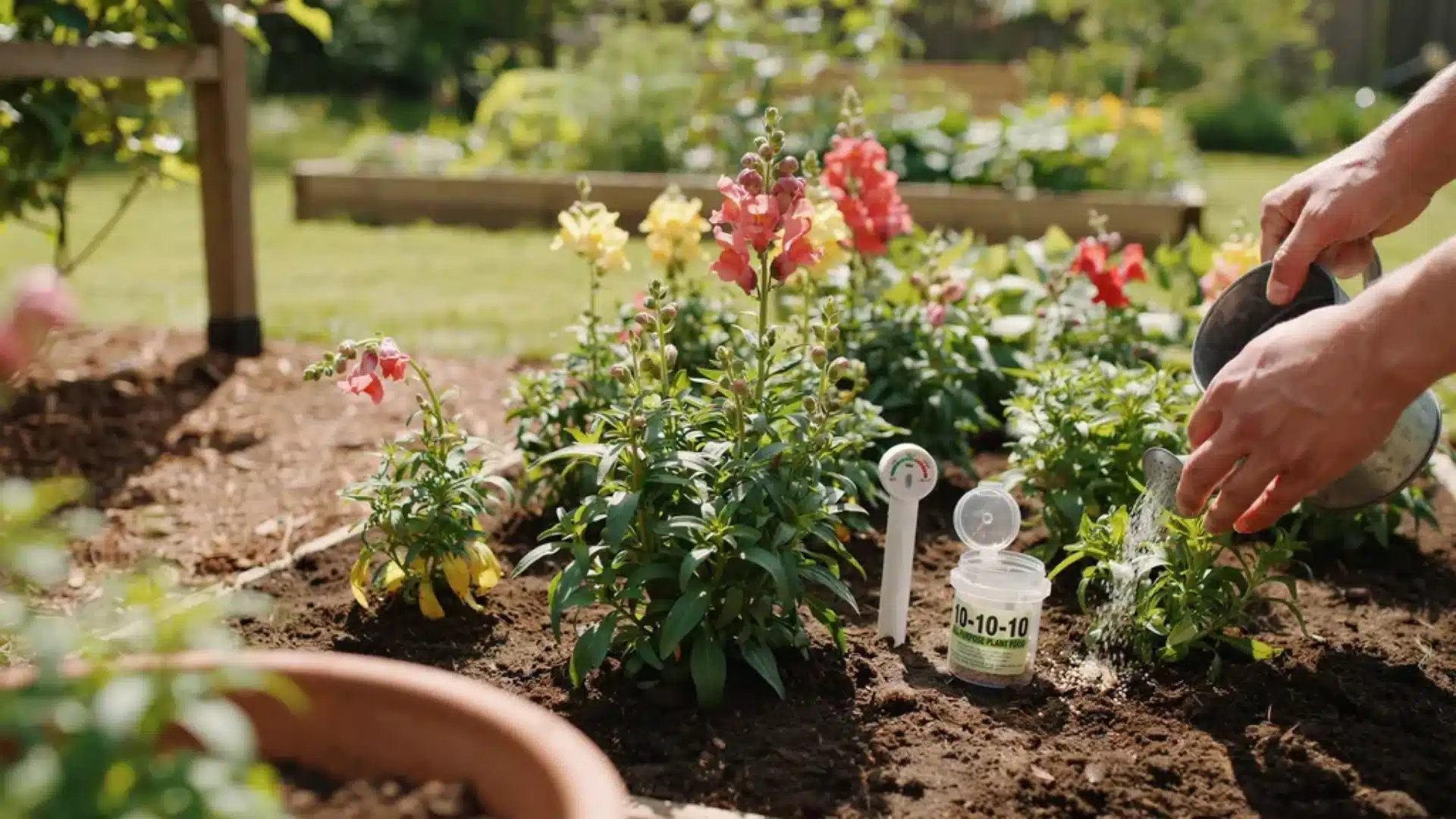 Hands watering snapdragons in a garden bed with blooming plants, fertilizer container, and moisture meter visible.