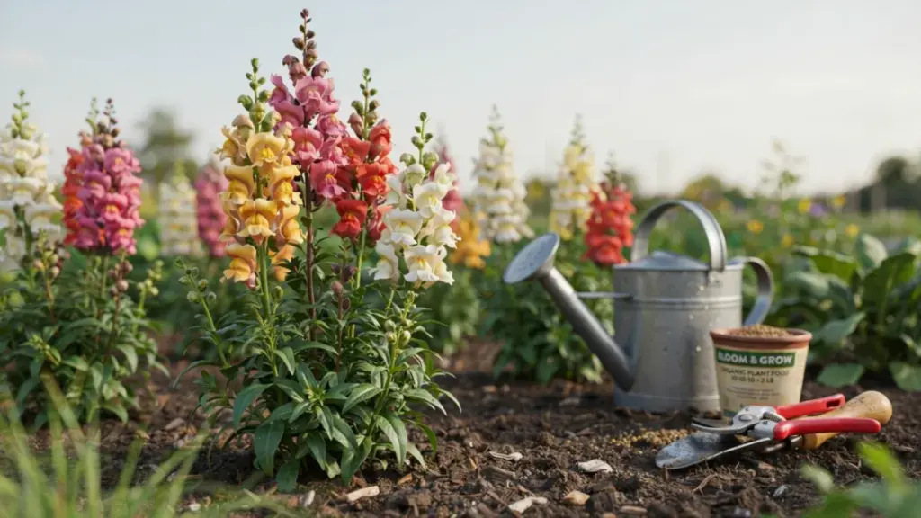 Colorful snapdragon flowers growing in a garden bed with a watering can, pruning shears, and plant fertilizer nearby.