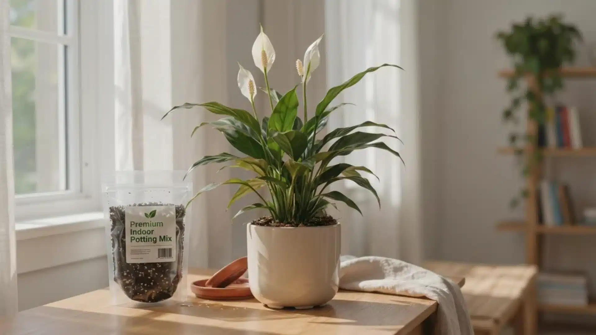 Peace lily plant in a pot next to a bag of premium indoor potting mix and gardening tools on a wooden surface under warm indoor light.