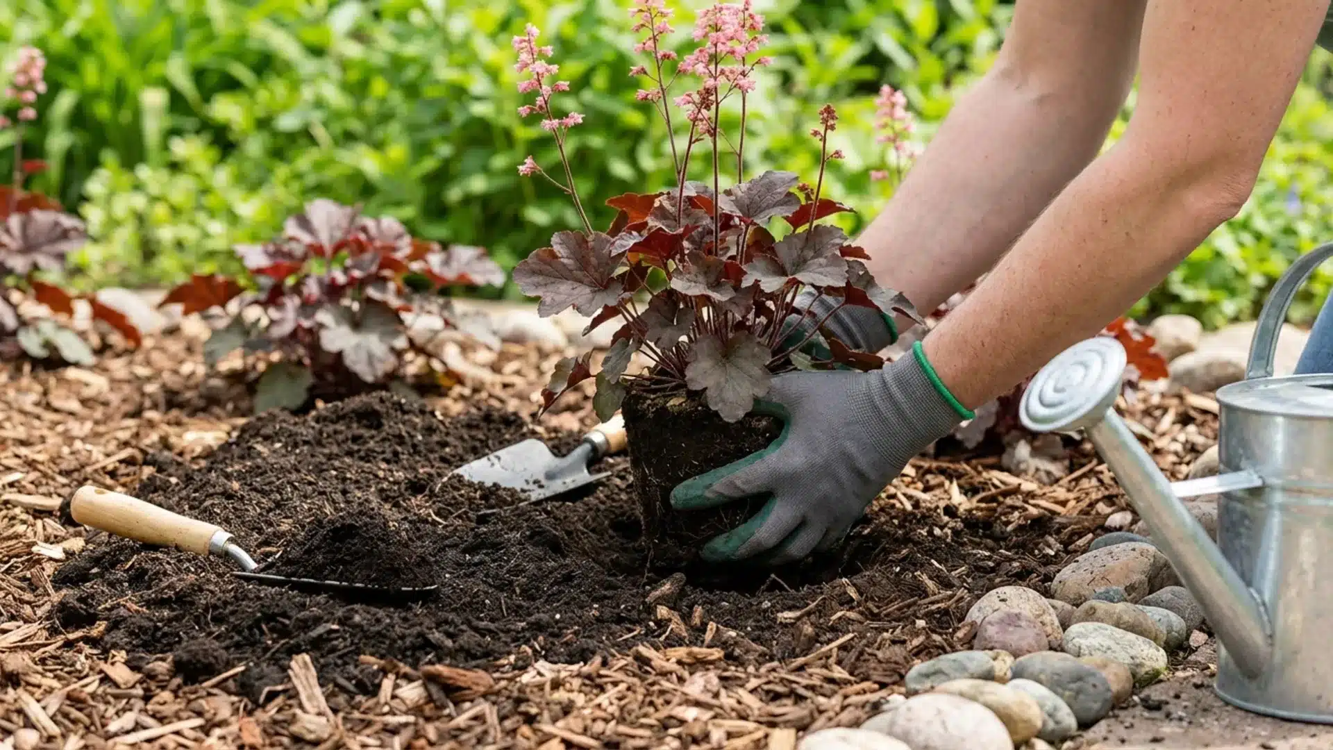 Planting coral bells in rich soil with garden tools and mulch around the plants.