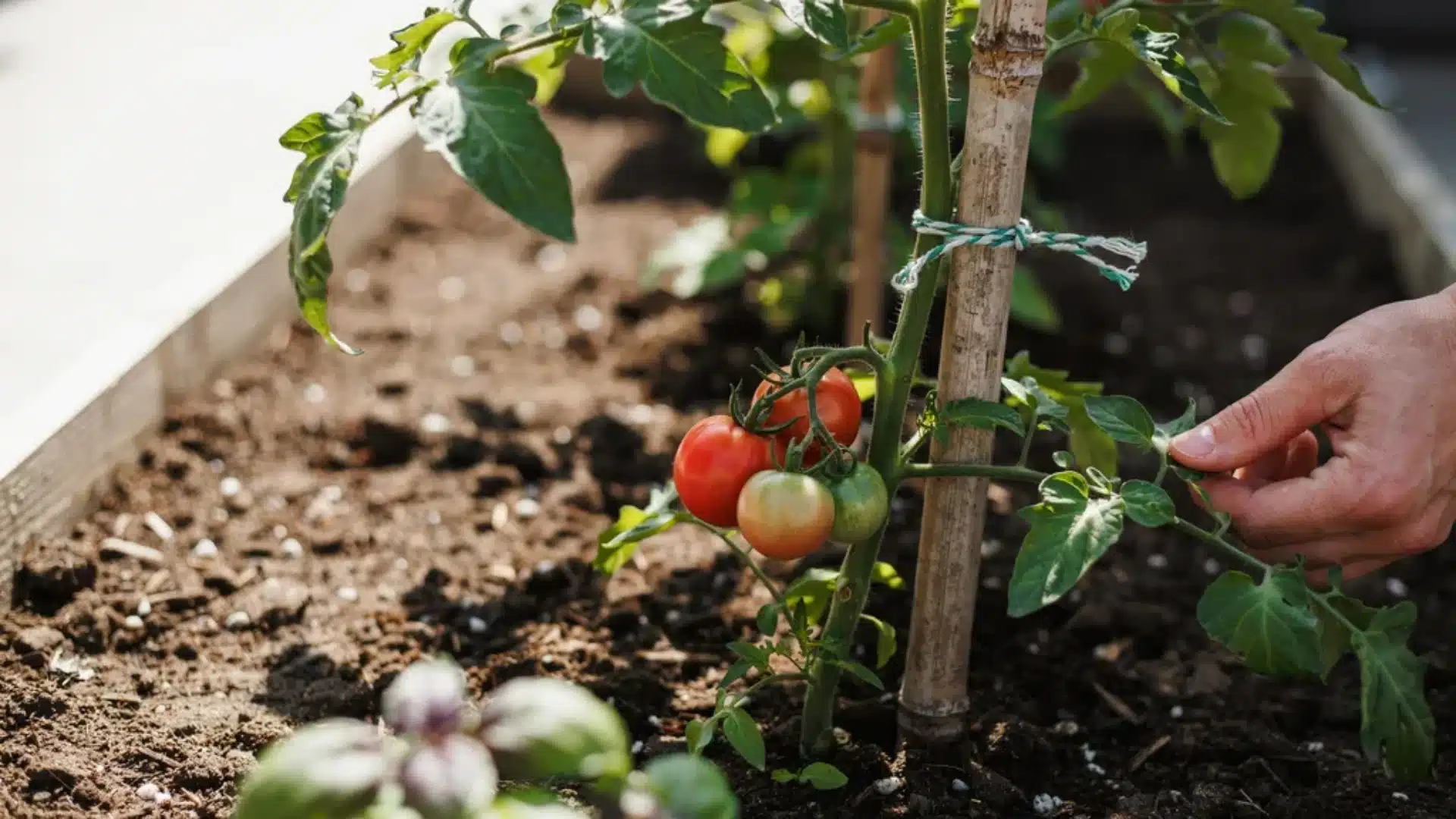 Close-up of hands pruning suckers off a staked tomato plant to maintain airflow and healthy fruit development.