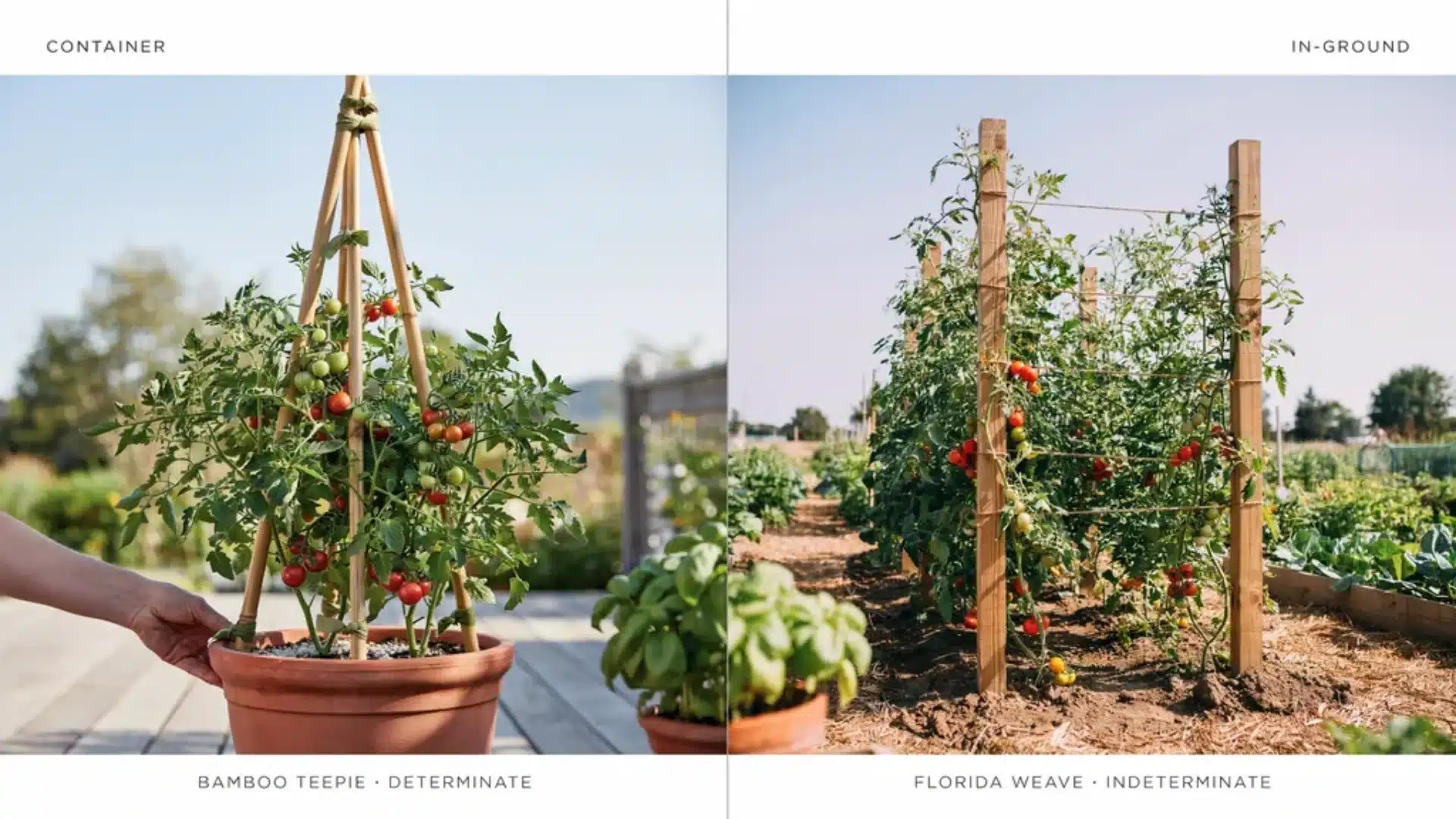 Side-by-side comparison of a tomato plant in a container using a bamboo teepee versus a plant in an in-ground bed on a single stake.