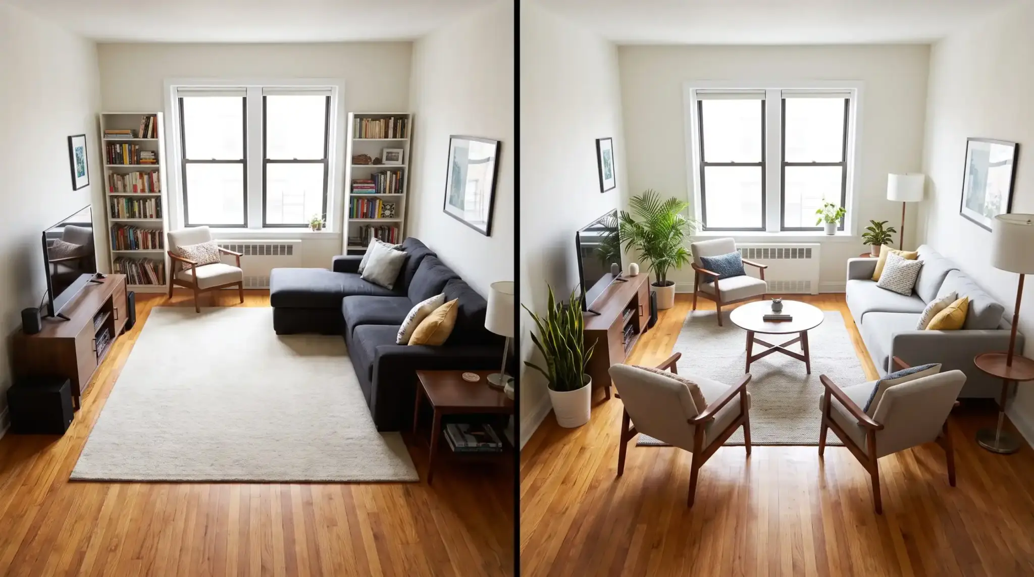 Before-and-after furniture layout comparison to make small living room look bigger with better spacing and improved flow.
