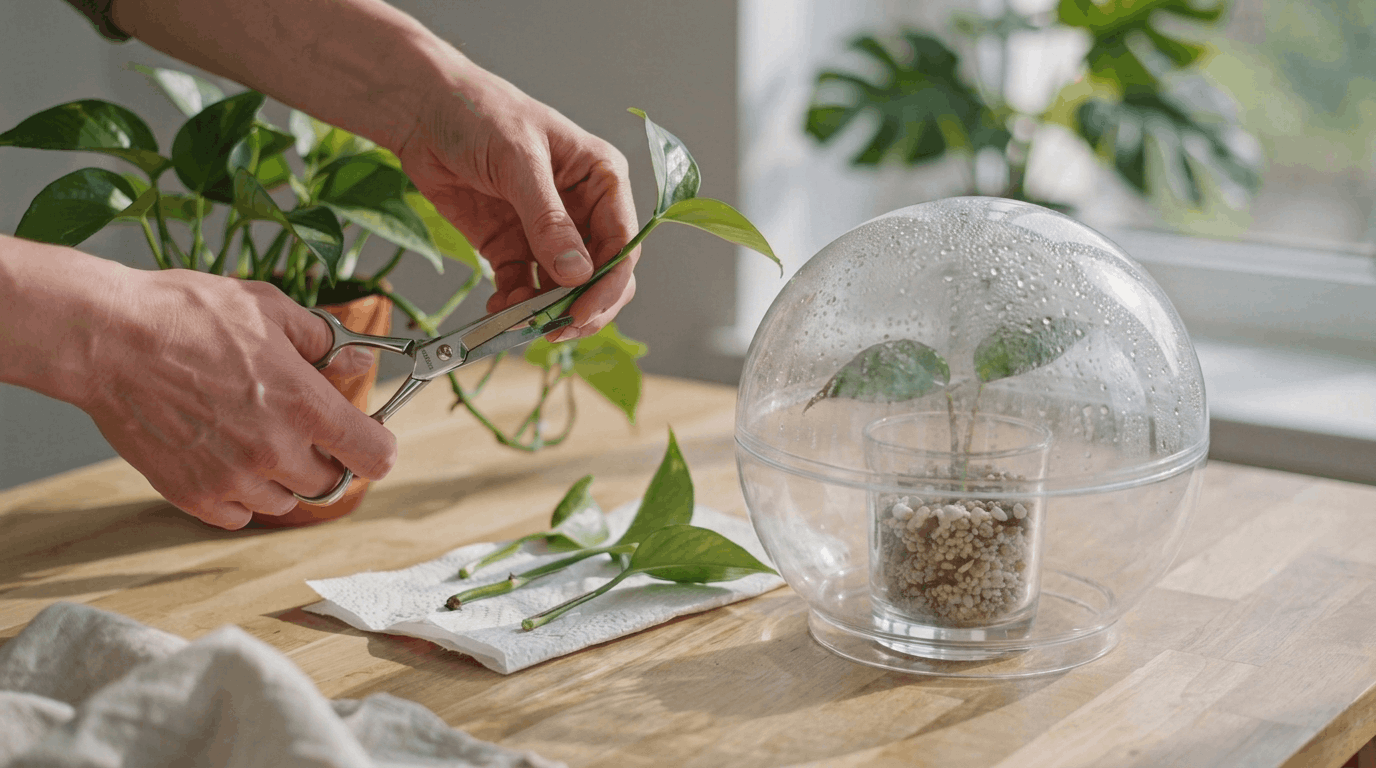 Gardener taking stem cutting from plant placing it into perlite soil mix with propagation trays under natural window light.