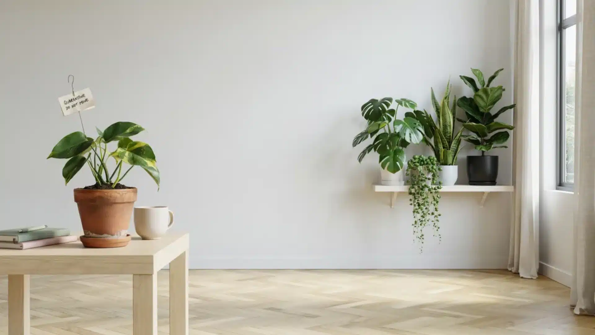 Isolated houseplant placed away from others with a quarantine sign, preventing pest spread indoors.