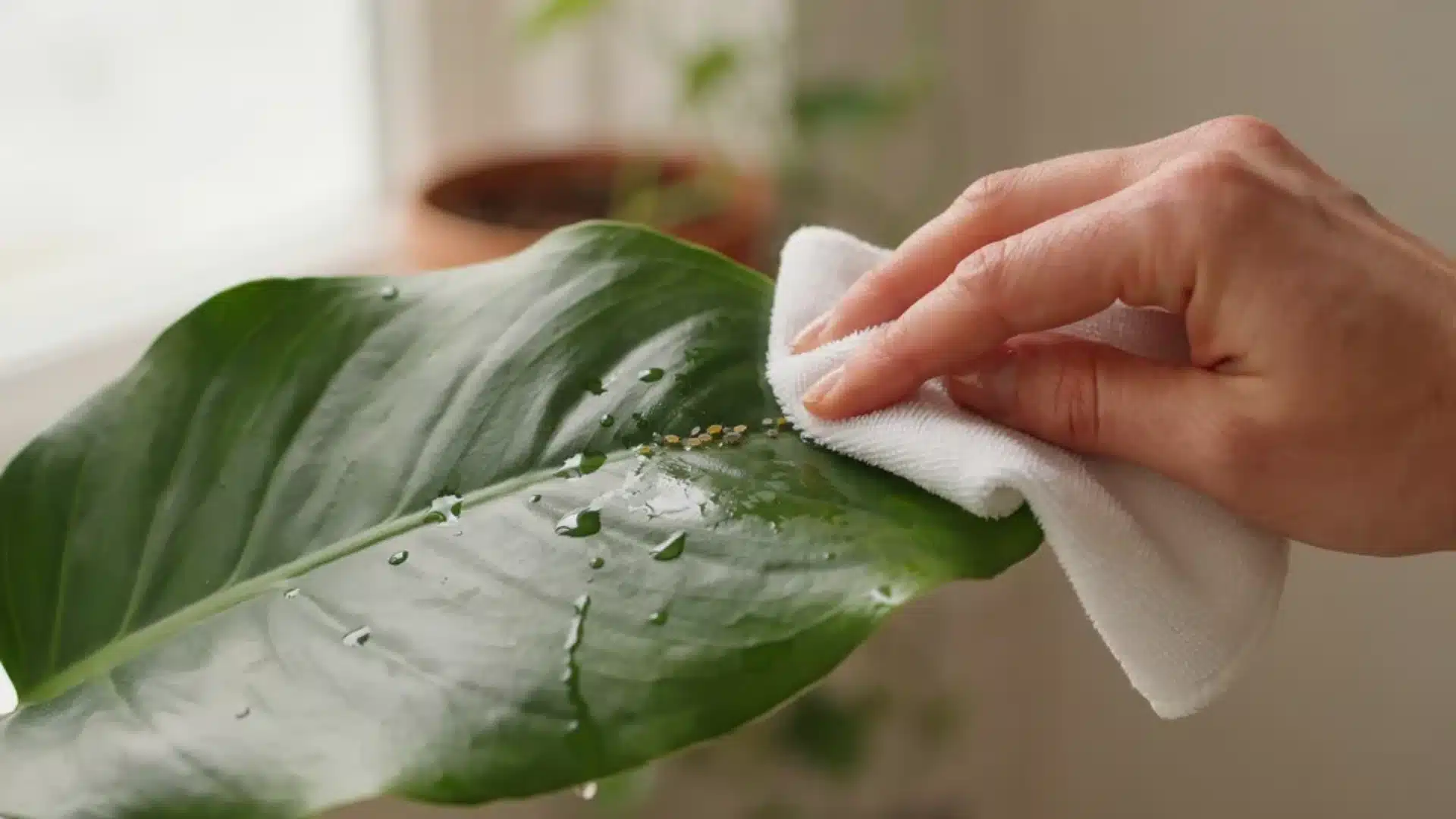 Hand manually removing pests from a plant leaf during early-stage aphid infestation control.