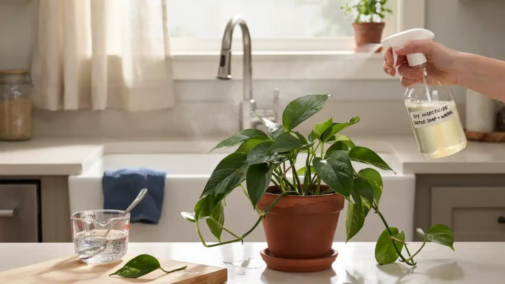 Indoor plant being sprayed with insecticidal soap solution at a kitchen sink for pest treatment.