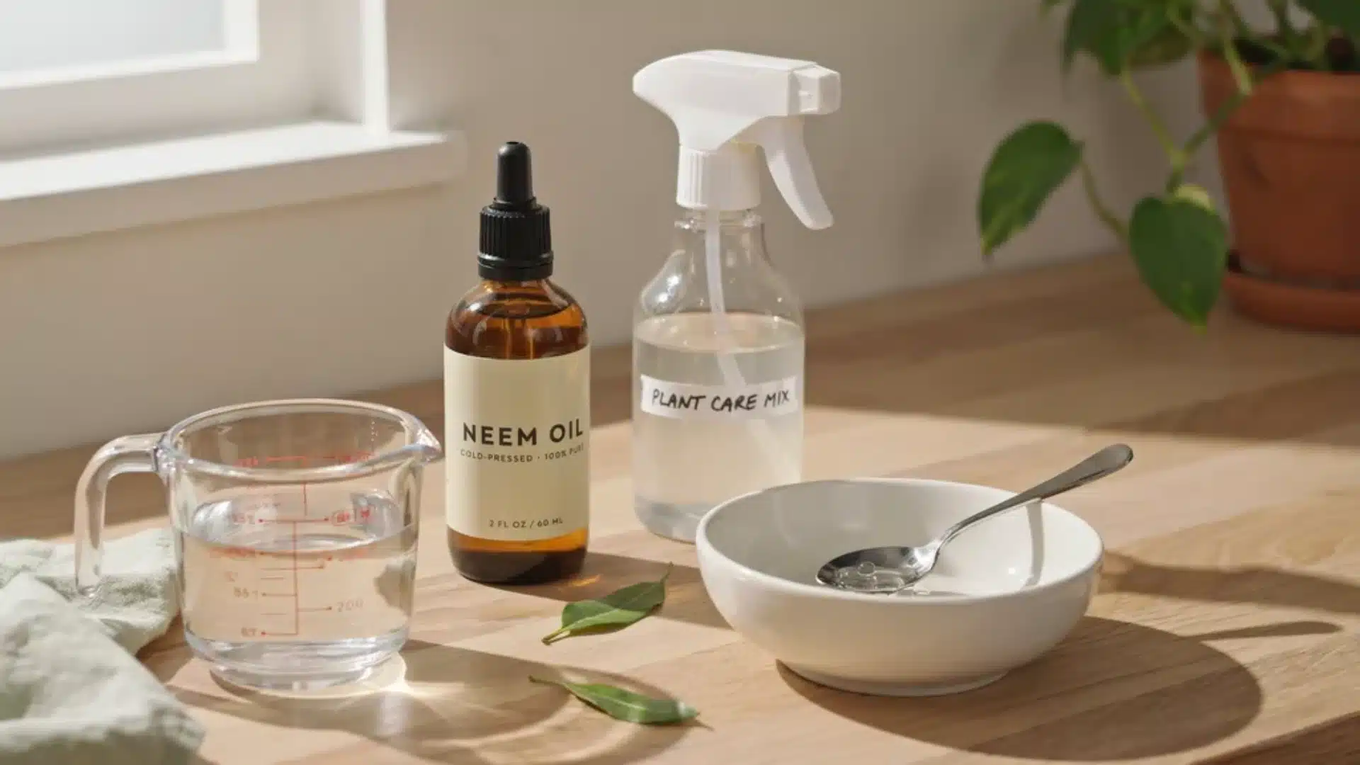 Neem oil pest control setup with spray bottle, measuring tools, and plant care ingredients on a wooden surface.