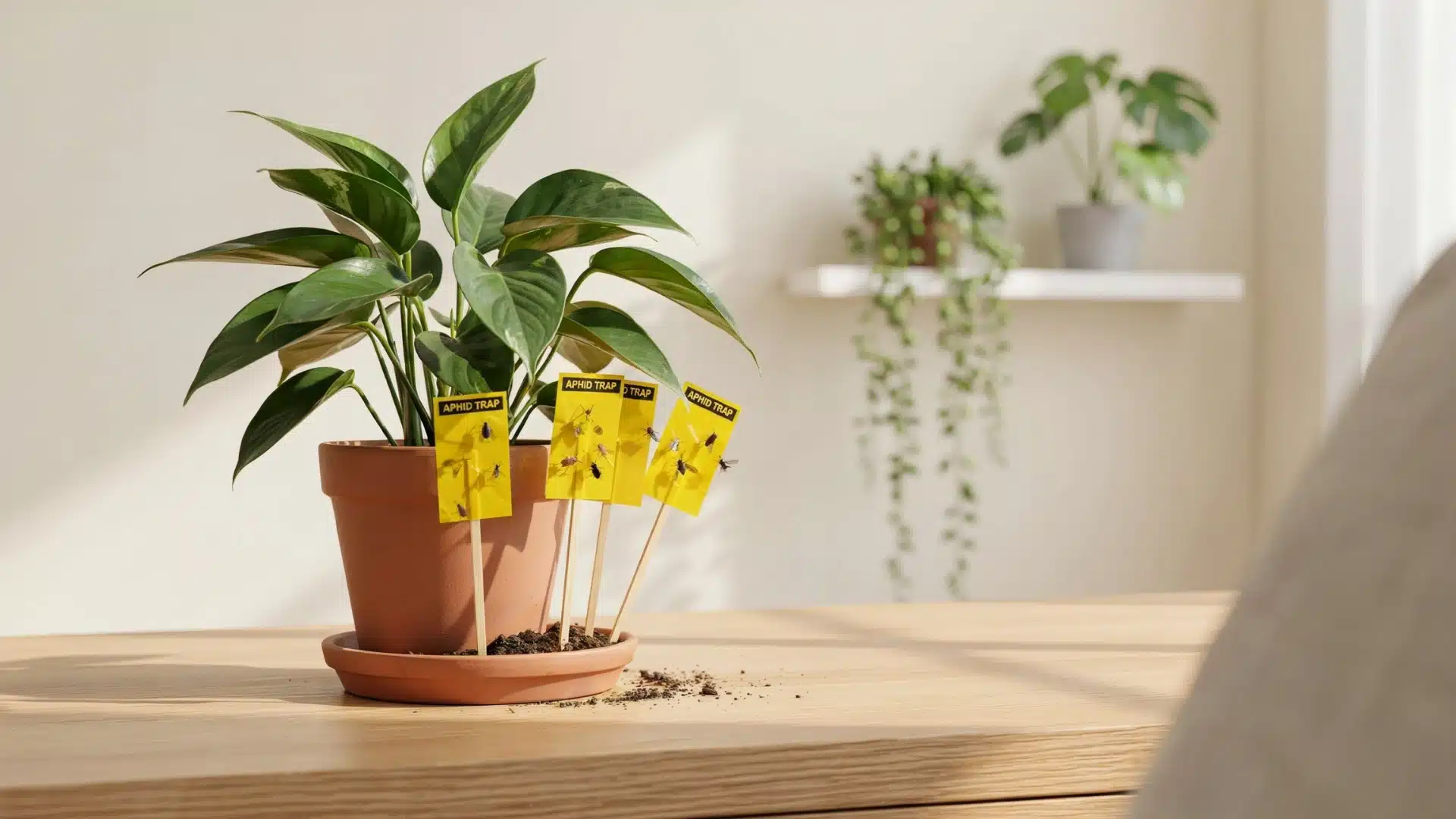 Potted indoor plant with yellow sticky traps inserted into soil, capturing flying pests for monitoring infestation control.