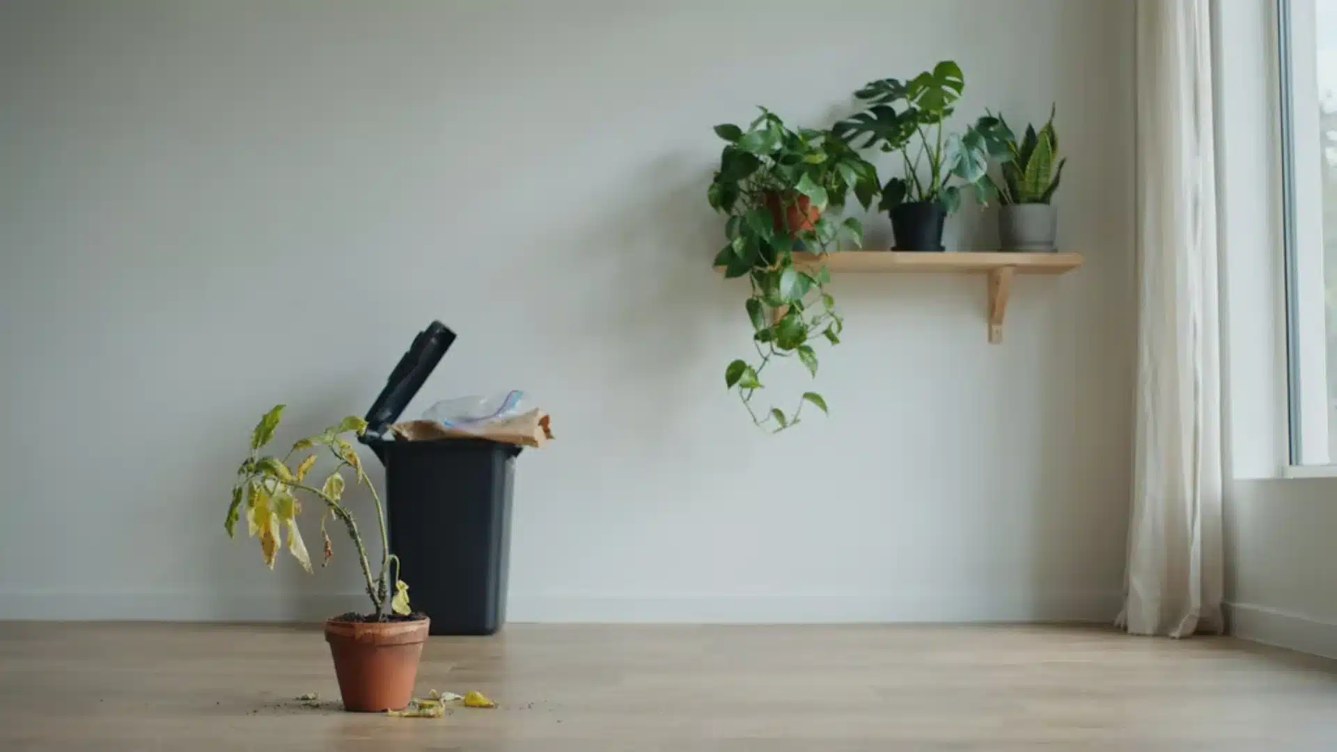 A struggling houseplant in a small pot beside a bin, showing severe decline and plant loss decision context.