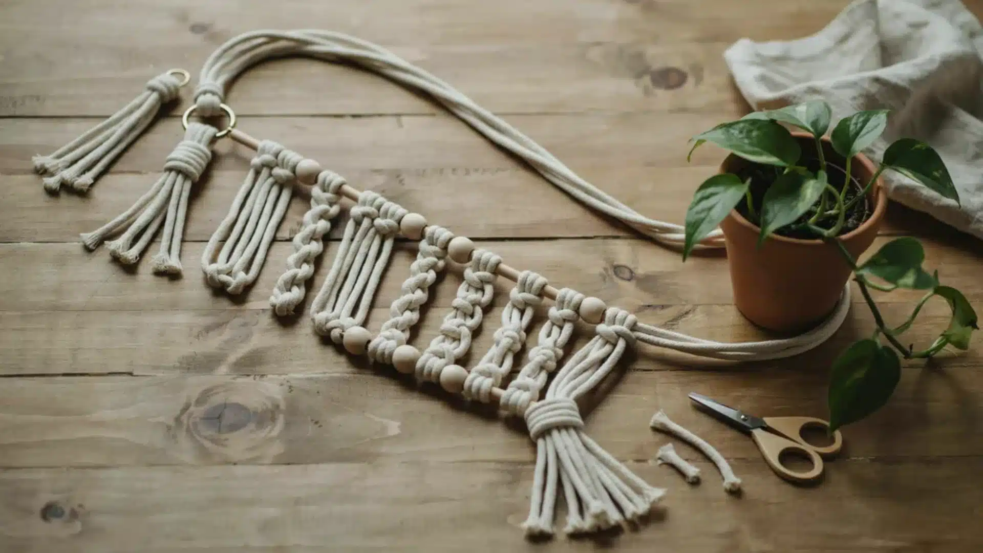 Step-by-step macramé plant hanger assembly on a wooden table with cords, beads, scissors, and a plant pot arranged for crafting.