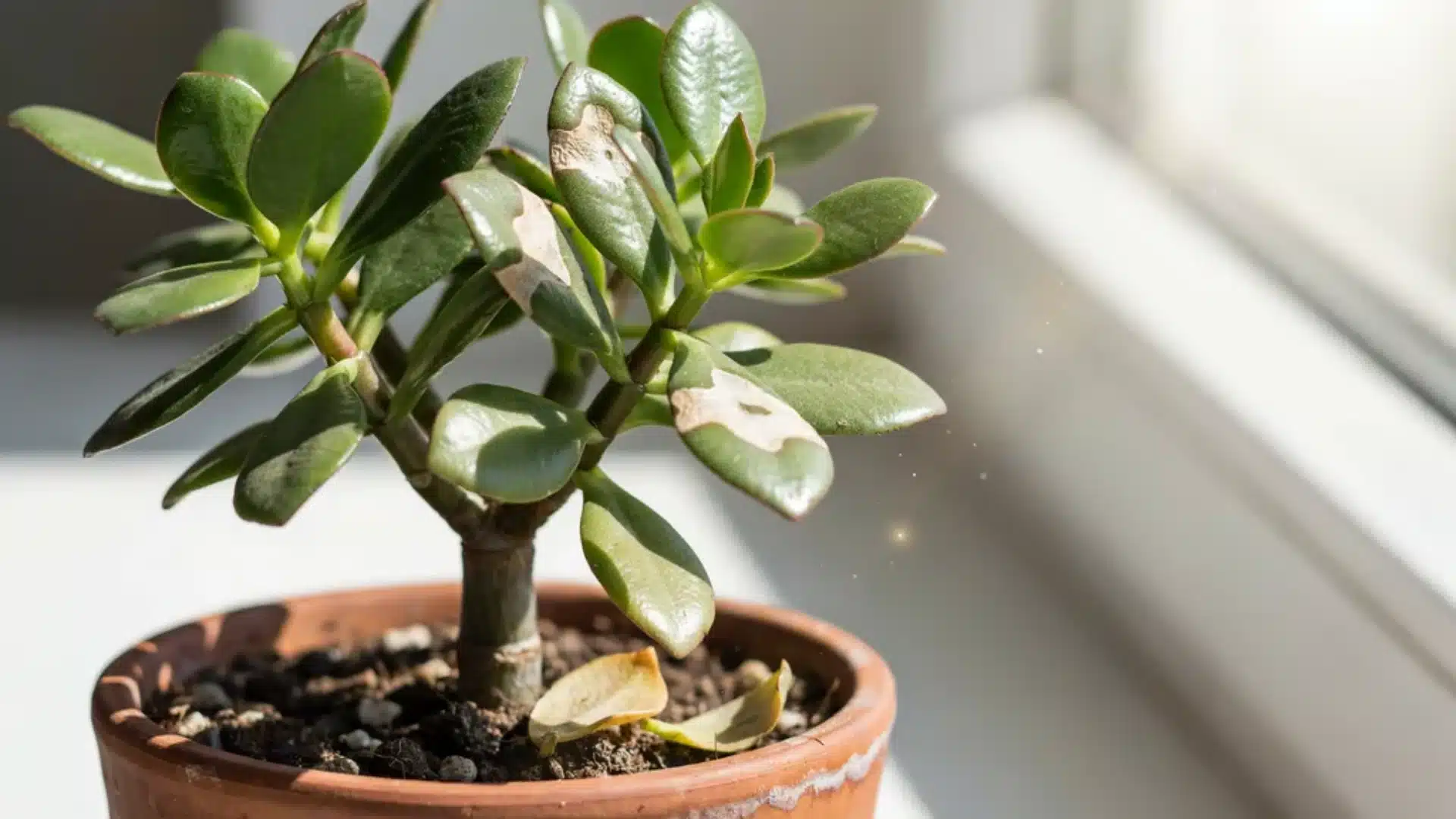 Jade plant leaves with scorched, pale patches caused by excessive direct sunlight exposure.