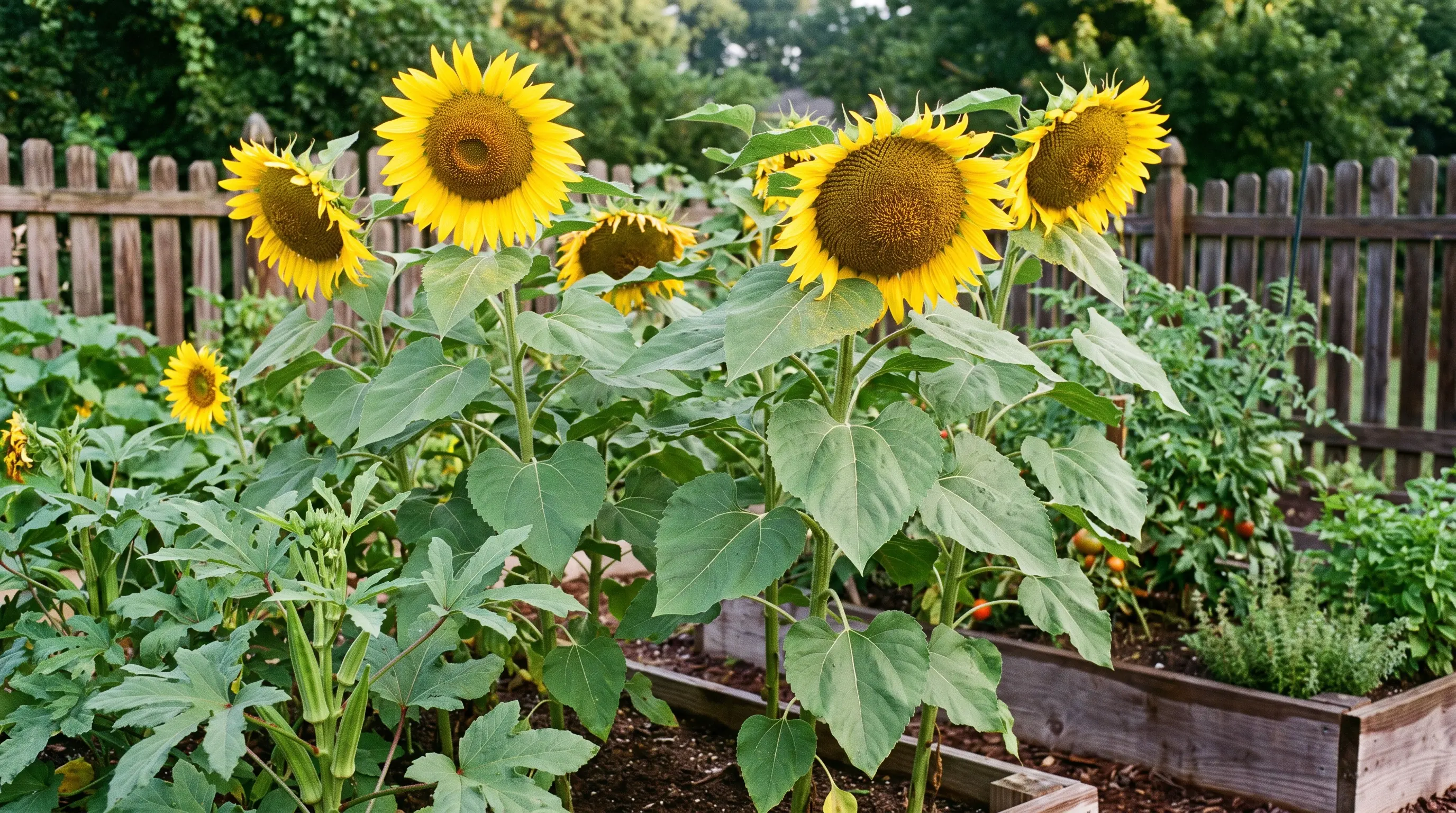 Tall sunflower plants growing beside vegetables in a sunny home vegetable garden