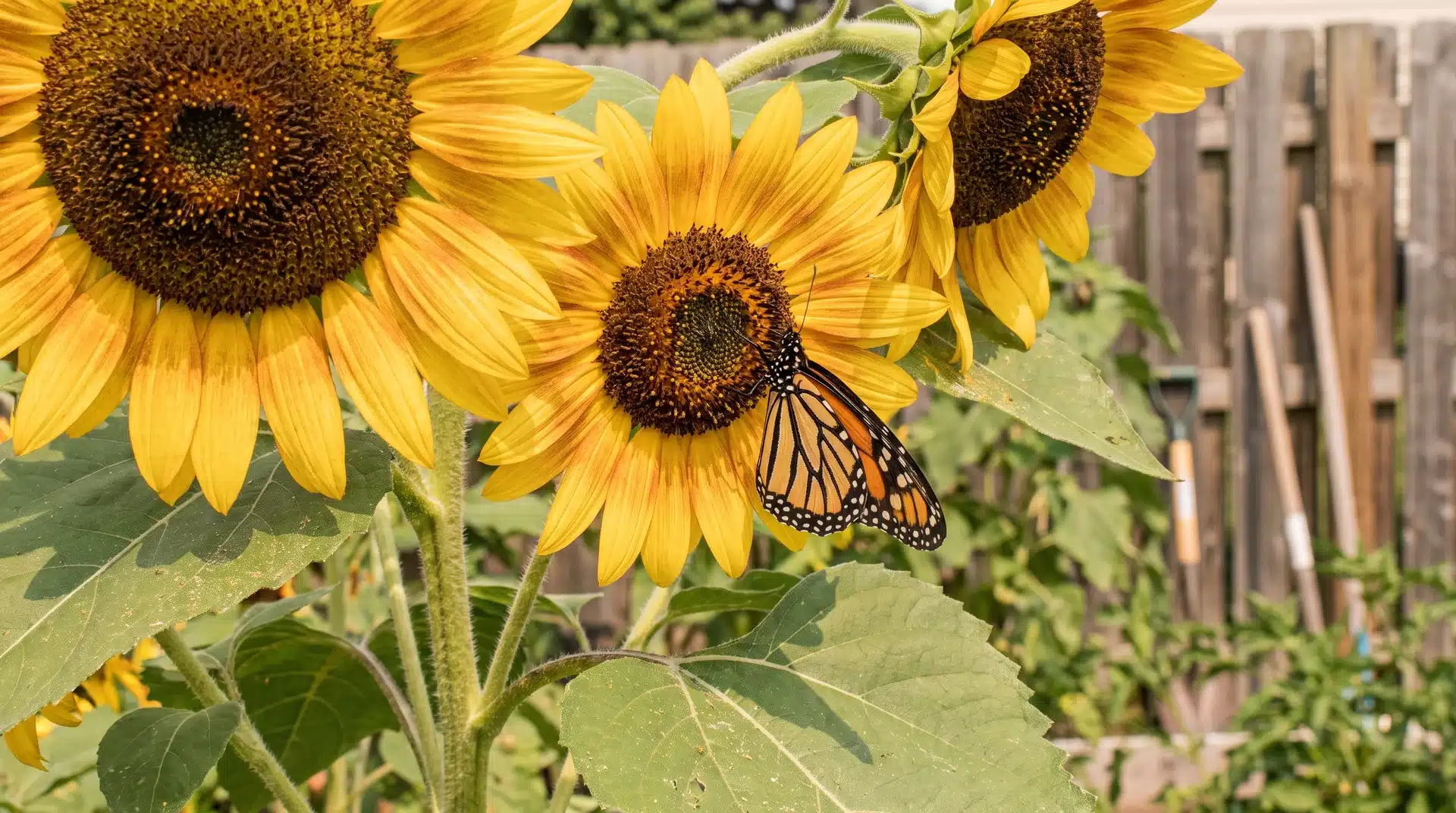 Golden sunflowers with monarch butterfly showing flowers that attract butterflies in a summer garden.