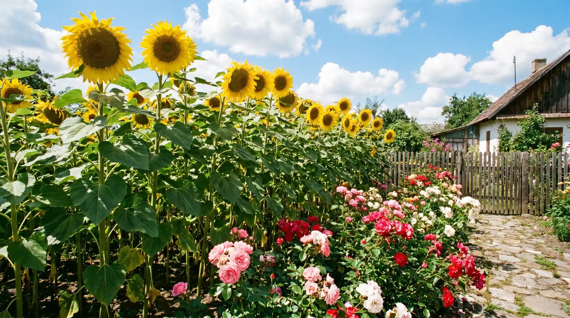 Sunflowers growing beside blooming rose bushes in cottage garden companion plants for roses to keep pests away attracting beneficial insects.