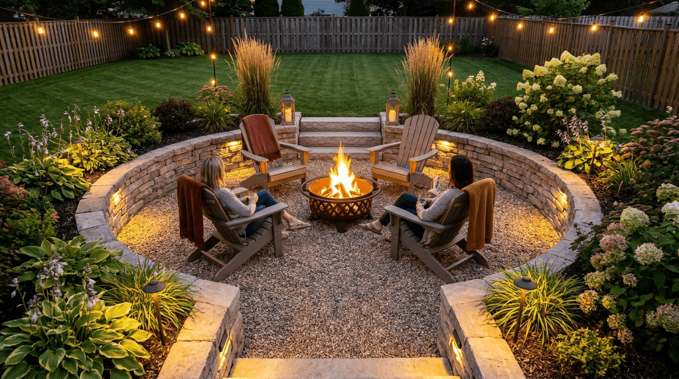 Sunken gravel patio with stone border and fire pit seating area creating cozy outdoor gathering space.