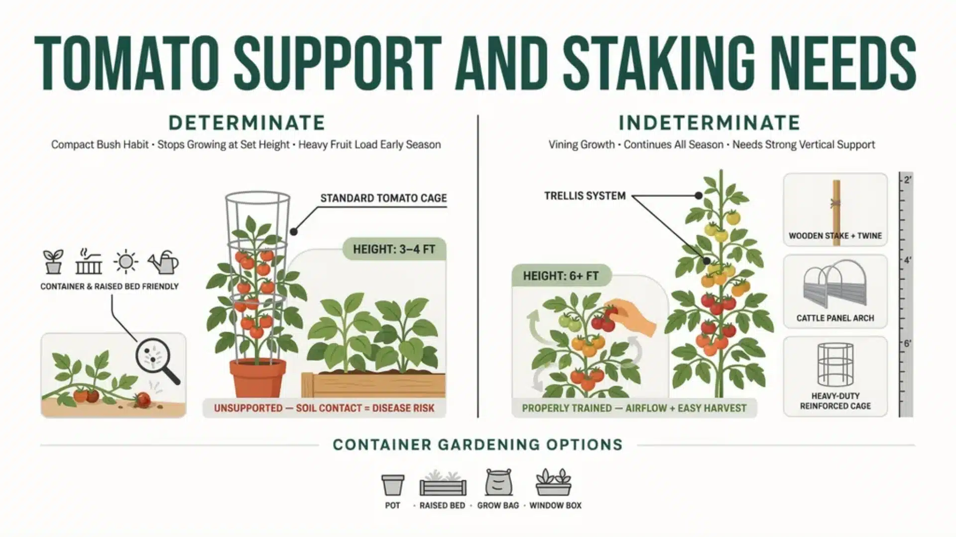 Support and staking systems for determinate and indeterminate tomatoes, showing cages, stakes, and trellises with height differences.
