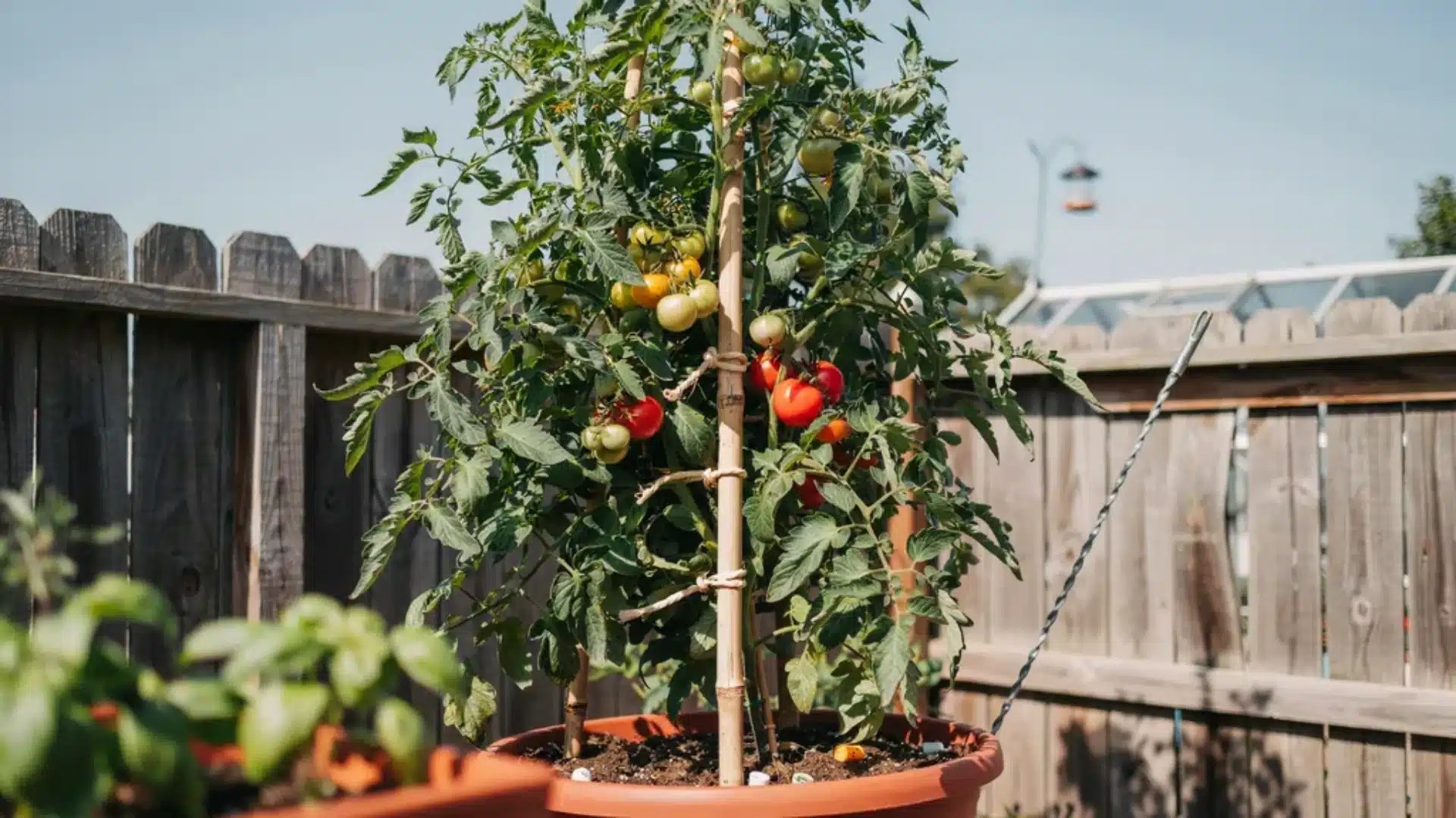 Tomato plants supported with bamboo stakes and twine in a pot, showing healthy growth with mixed green and ripening tomatoes in a backyard setting.