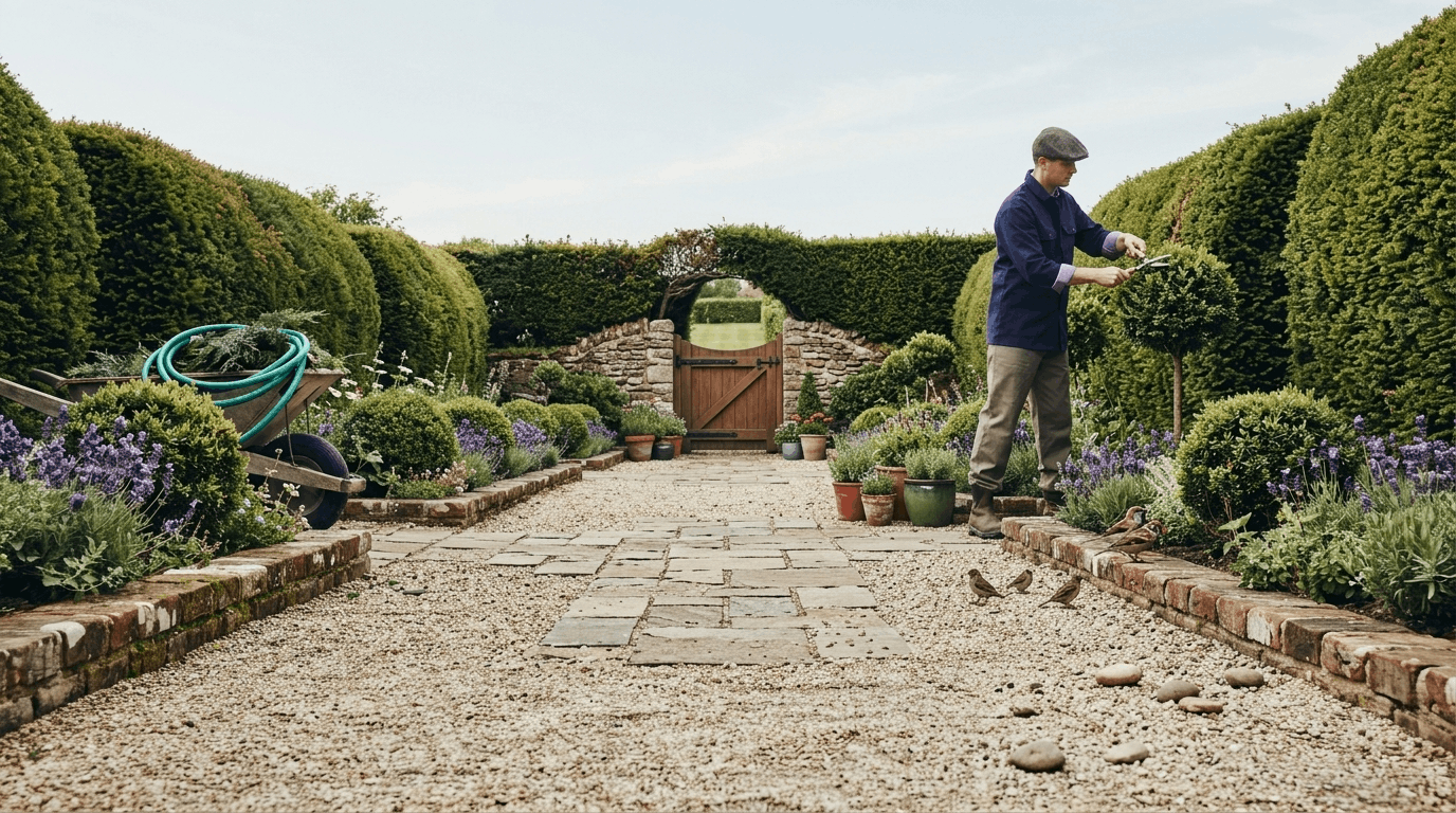 Formal garden border with symmetrical clipped hedges and structured planting arranged along straight pathways.