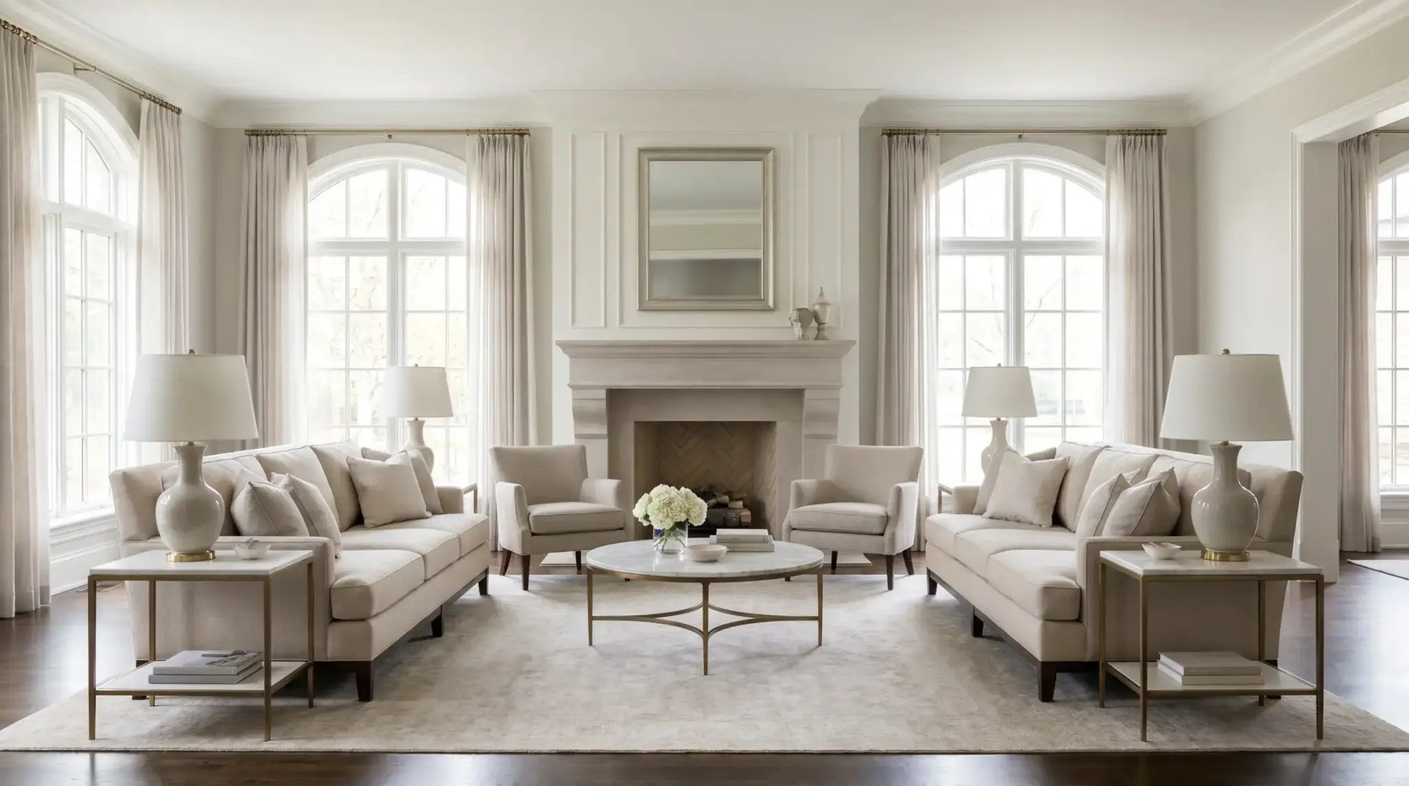 Symmetrical living room furniture layout with two facing sofas centered around coffee table and fireplace focal point.