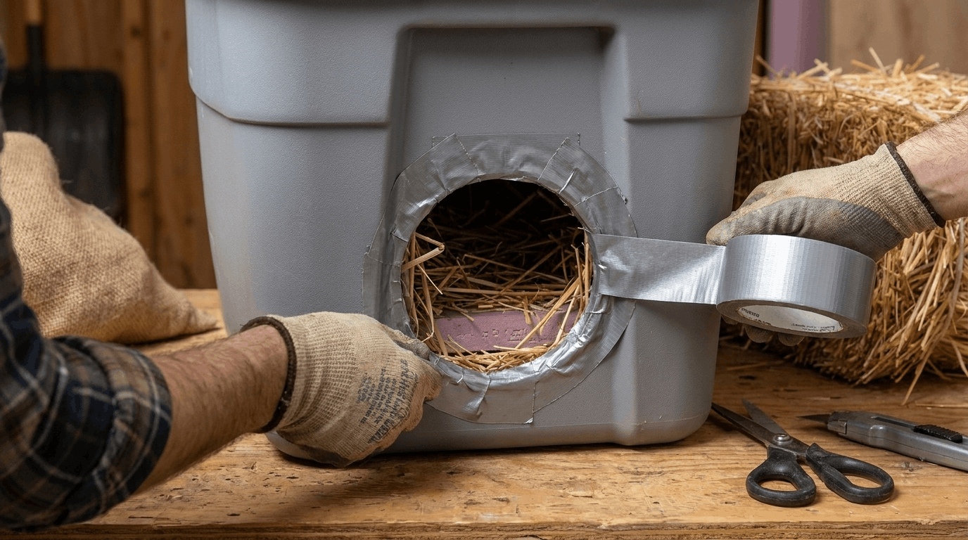 Applying duct tape around tote entrance edges to create a safer smooth opening for cats.