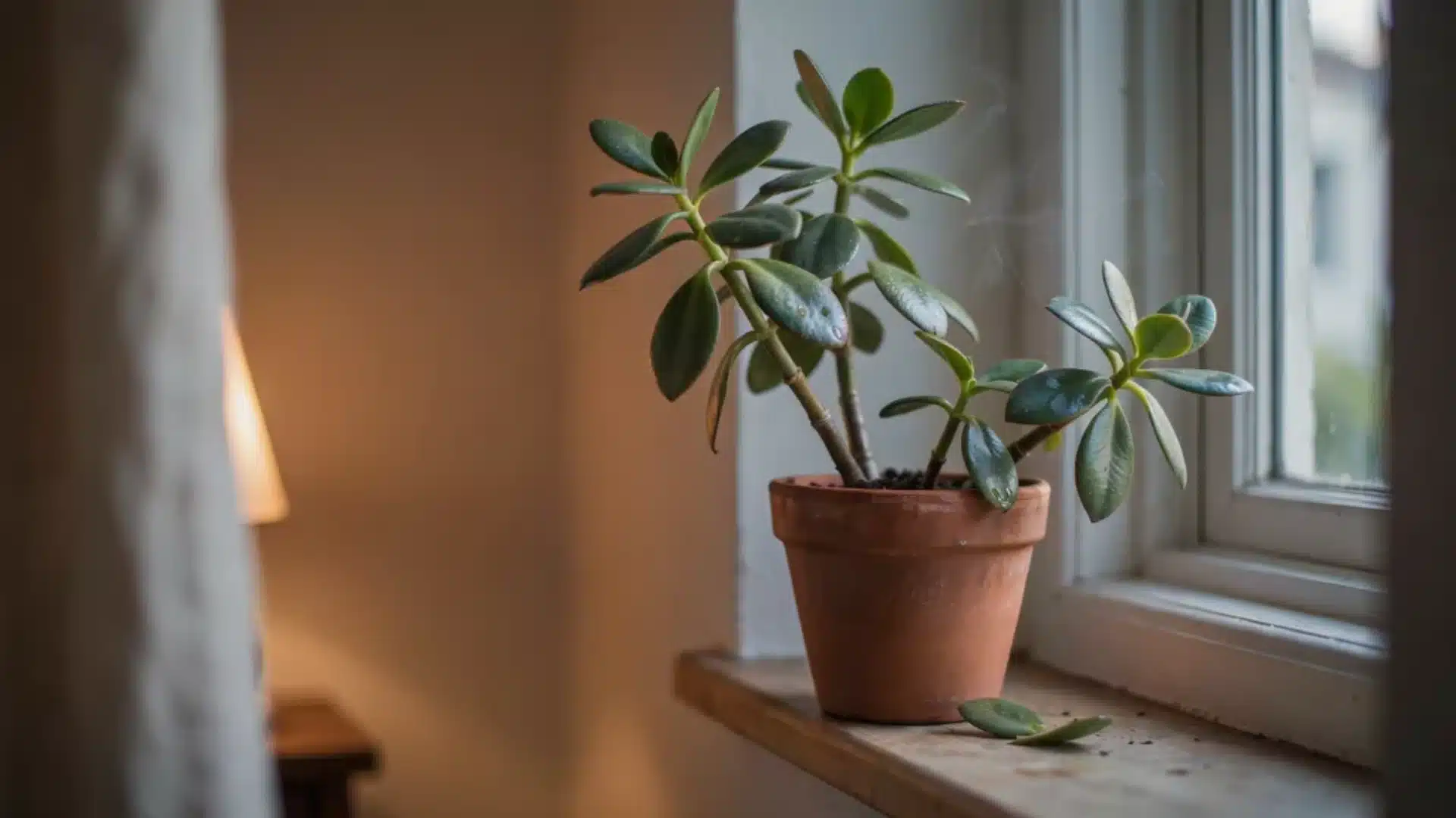Jade plant placed near a window showing stress from cold drafts and temperature fluctuations.