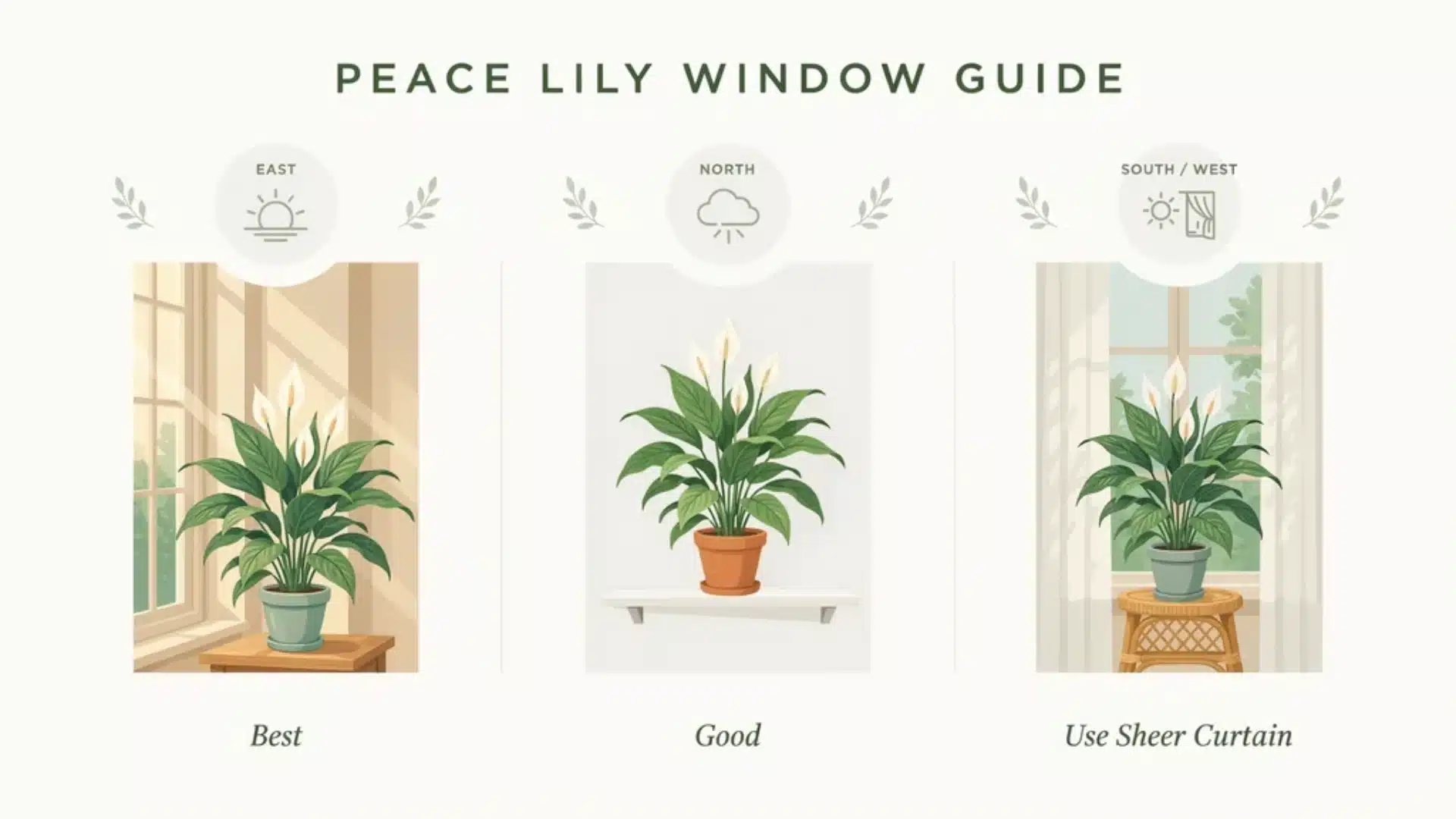 Home layout guide showing the best indoor spots for placing a peace lily near natural light sources.