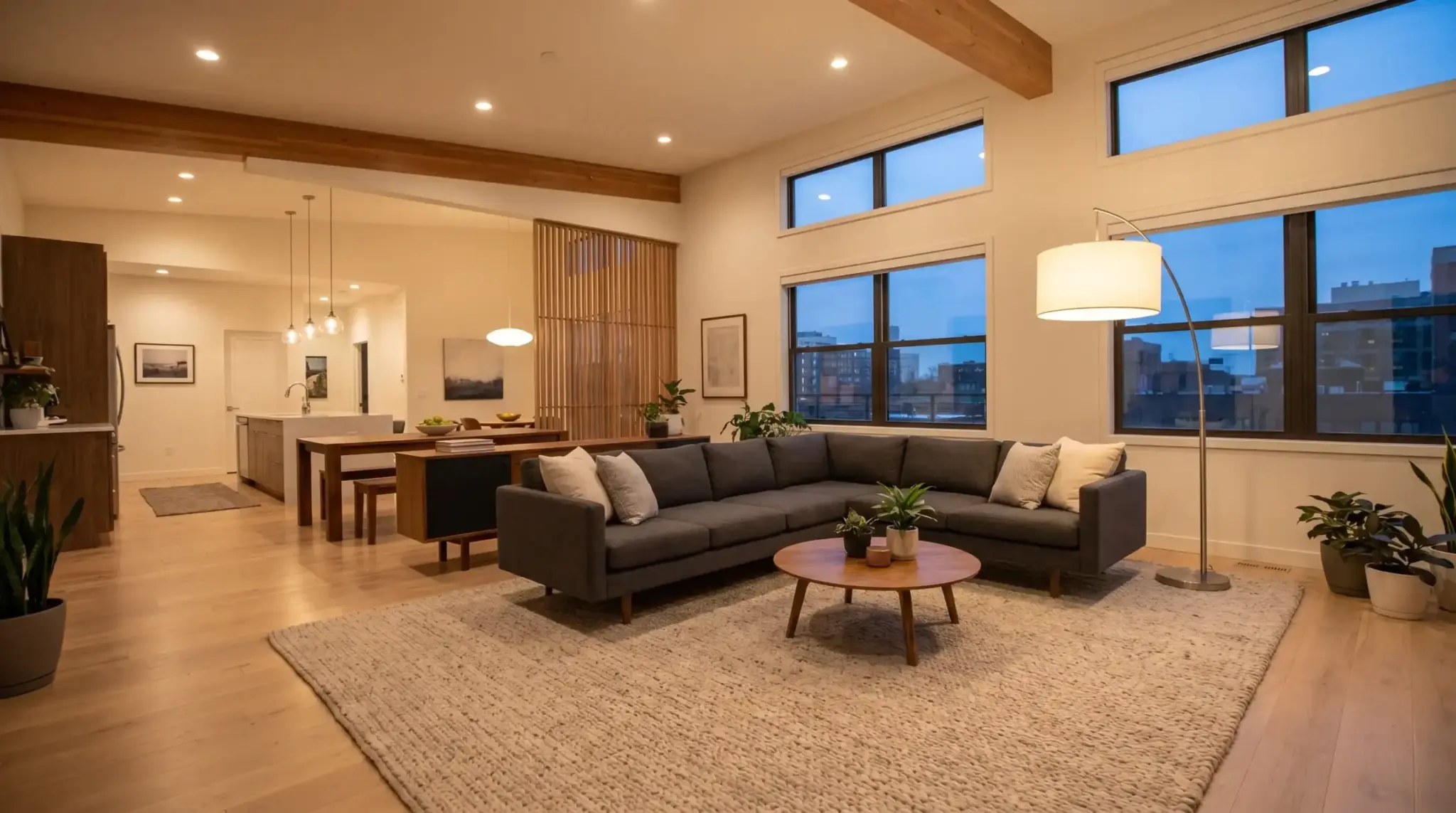 Floating living room furniture layout with sofa pulled from wall and rug defining open modern living zone.