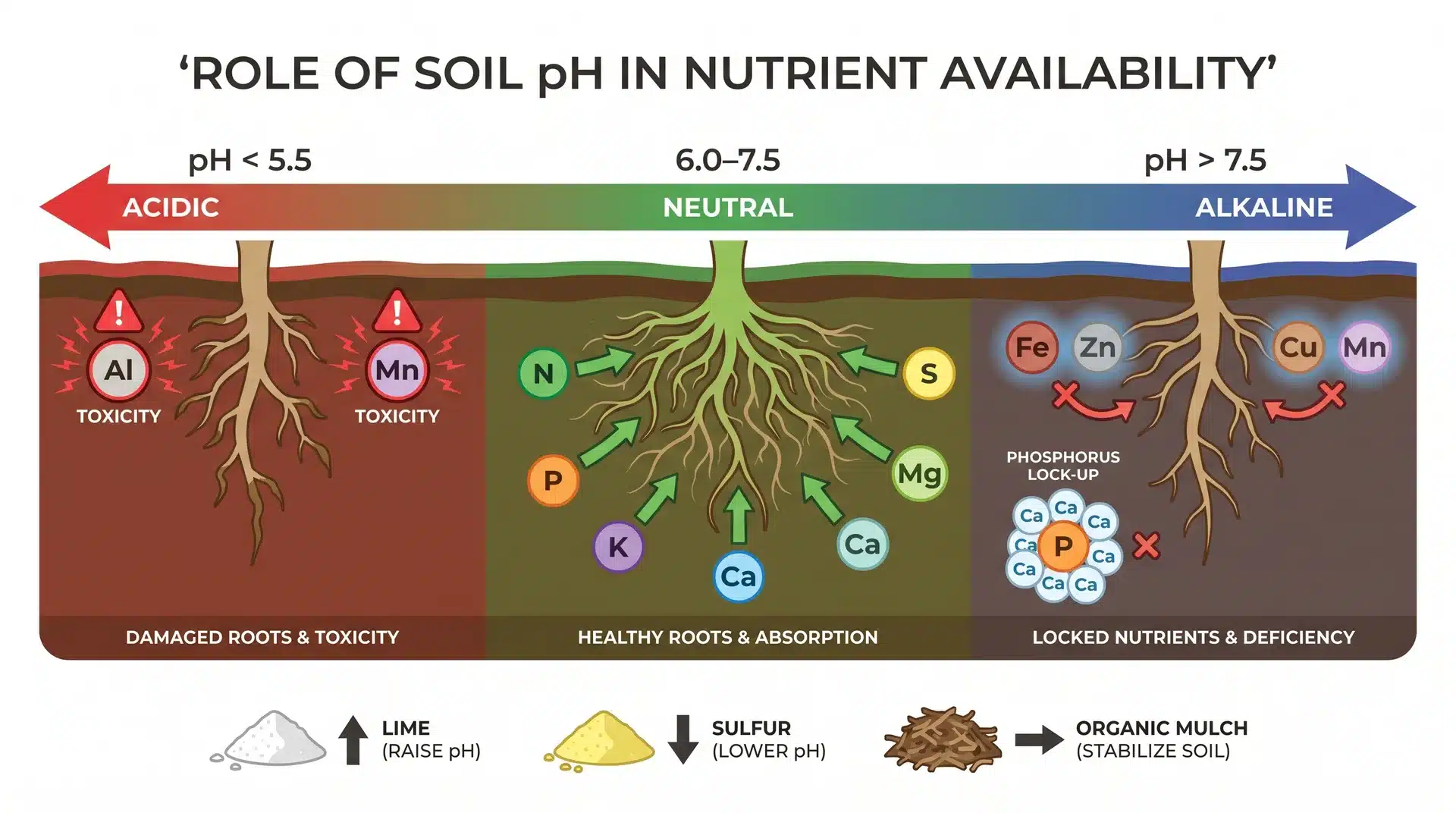 Educational diagram showing how soil pH affects nutrient availability, comparing acidic, neutral, and alkaline conditions and their impact on root absorption and plant health.