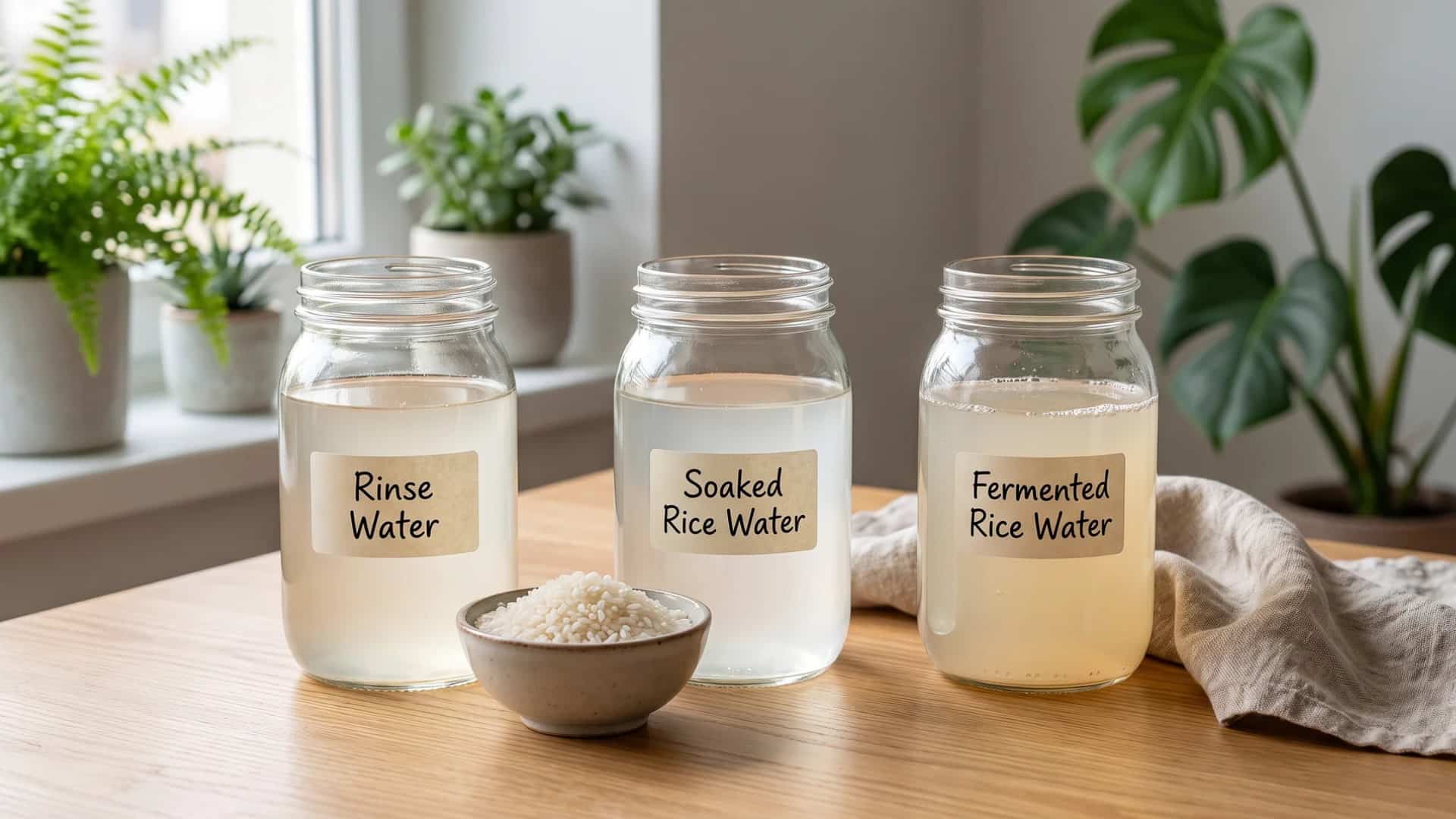 Three glass jars labeled rinse water, soaked rice water, and fermented rice water displayed with a bowl of rice, showing different stages of rice water preparation for plant care.