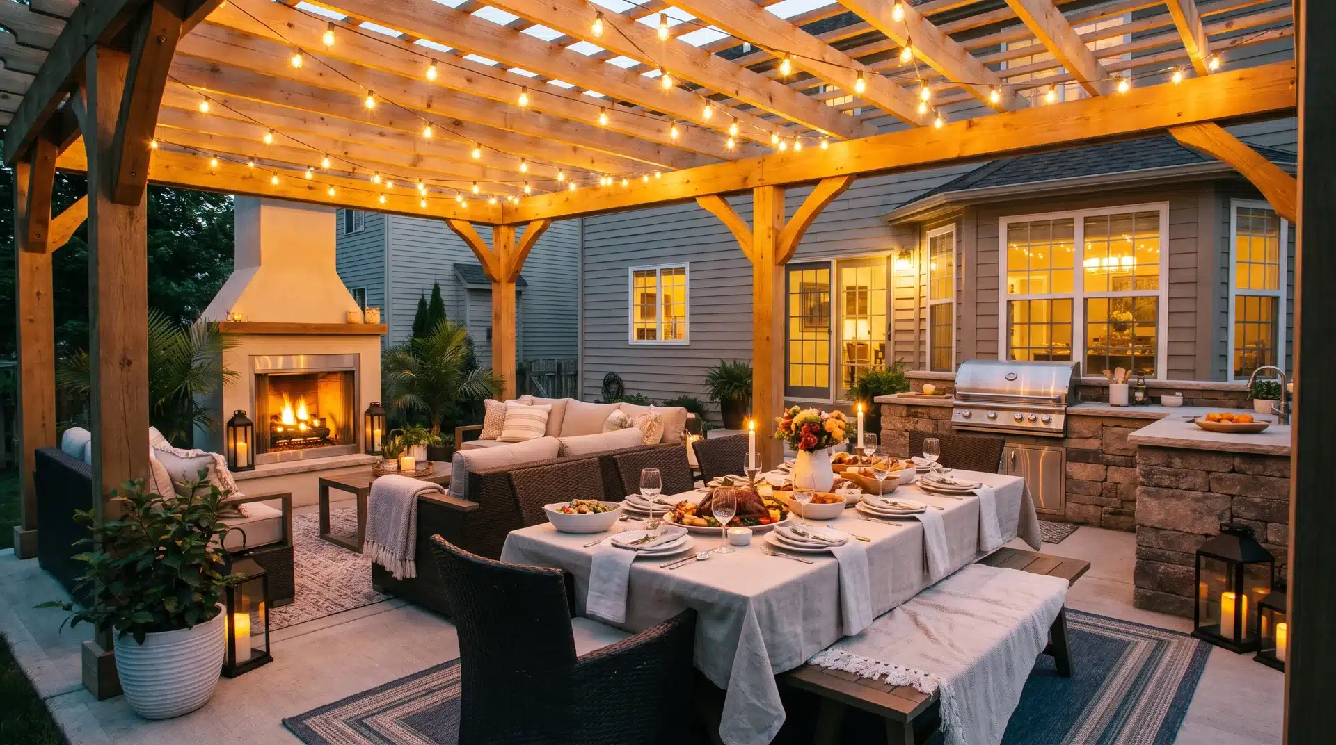 Purpose of a pergola providing an outdoor gathering space with dining furniture, lights, and entertainment features.