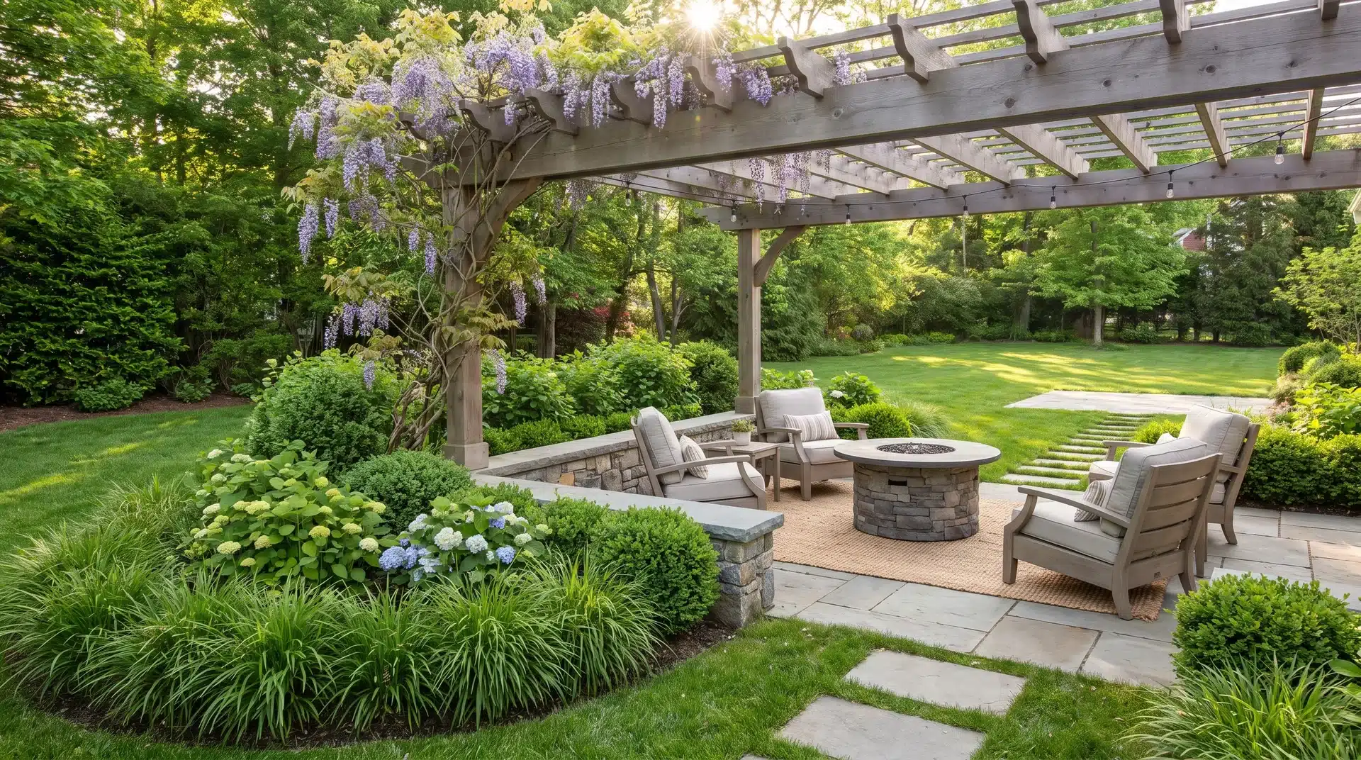 Purpose of a pergola creating a defined outdoor zone with seating area, landscaping, and functional backyard space.