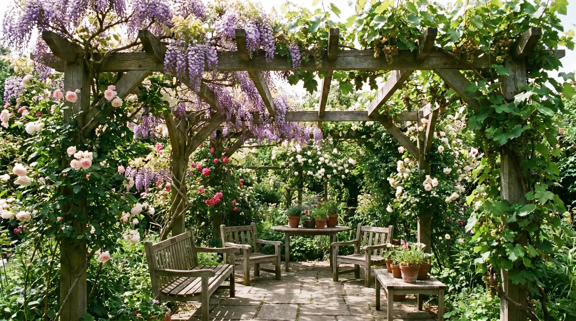 Purpose of a pergola supporting climbing plants and creating a green garden canopy with natural beauty.