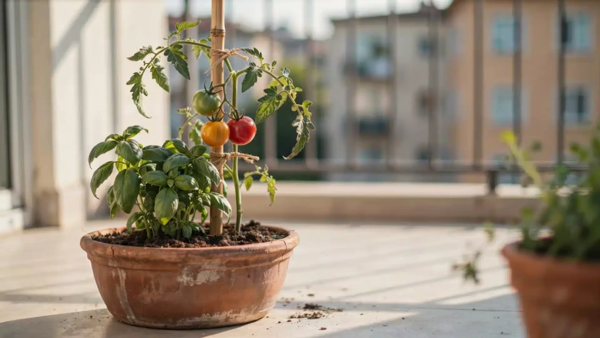 Tomato companion overview showing a healthy tomato plant surrounded by supportive companion plants.