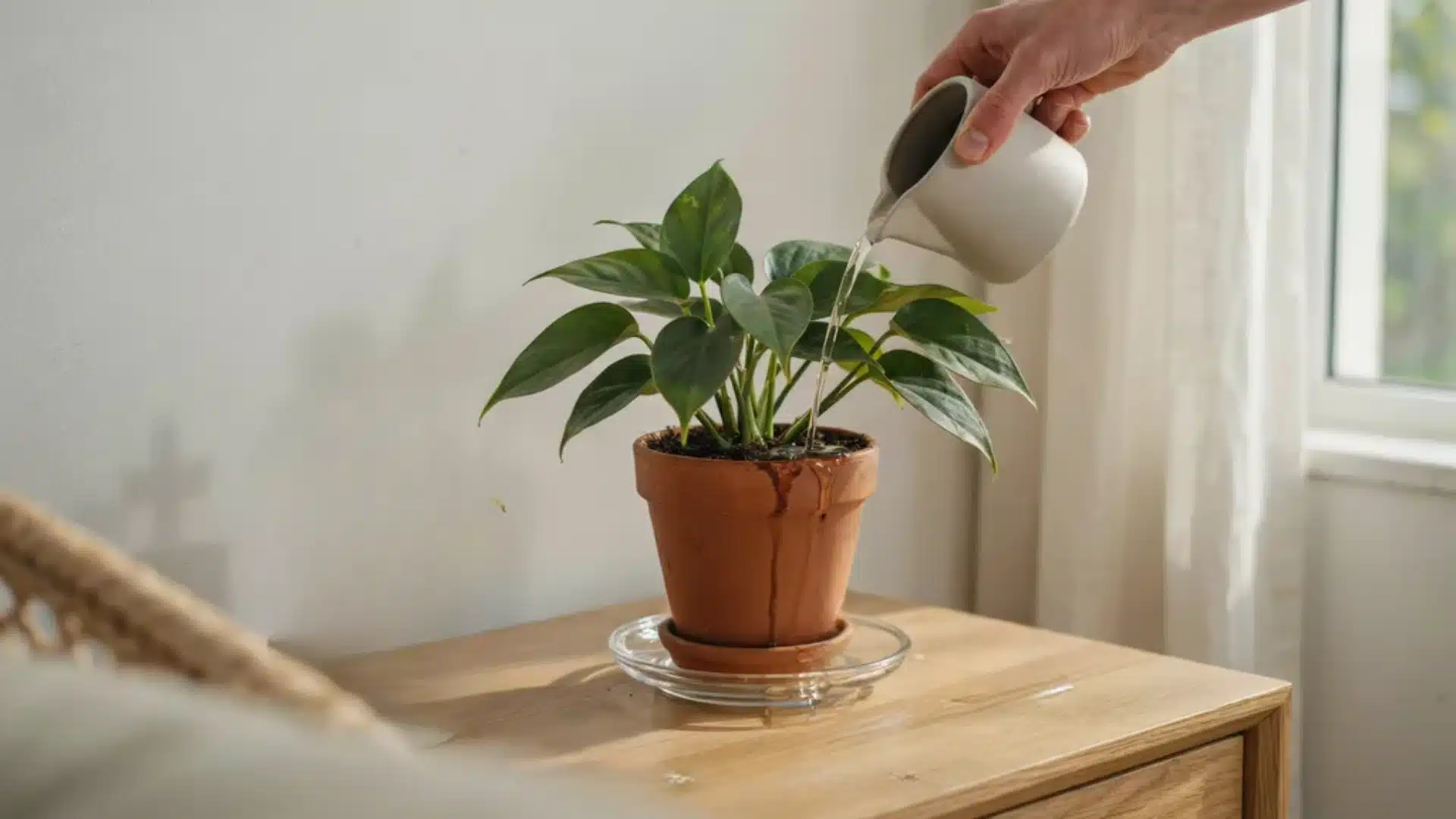 A hand watering a leafy indoor plant in a terracotta pot on a wooden table, with water pouring gently from a small watering can and sunlight streaming in.