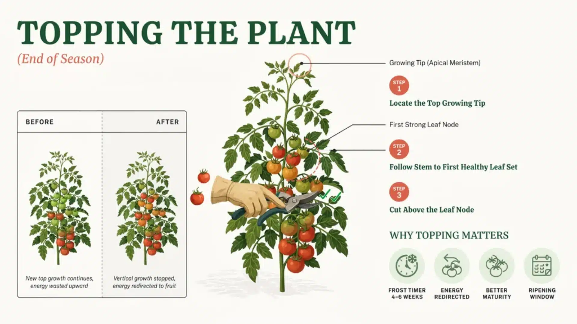 Step-by-step visual guide showing how to top a tomato plant at the end of the season by cutting the main growing tip above a leaf node.