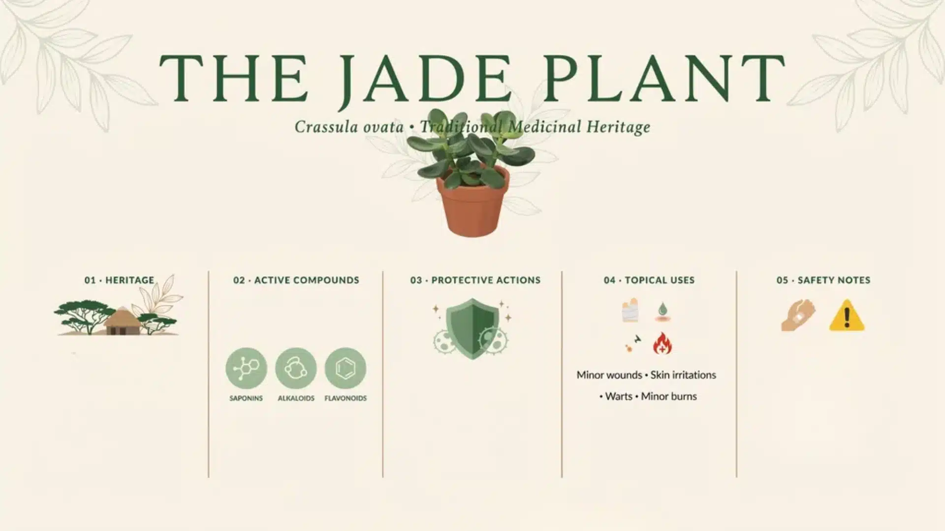 Infographic showing traditional medicinal uses of the jade plant, including historical and herbal applications with labeled sections and illustrations.