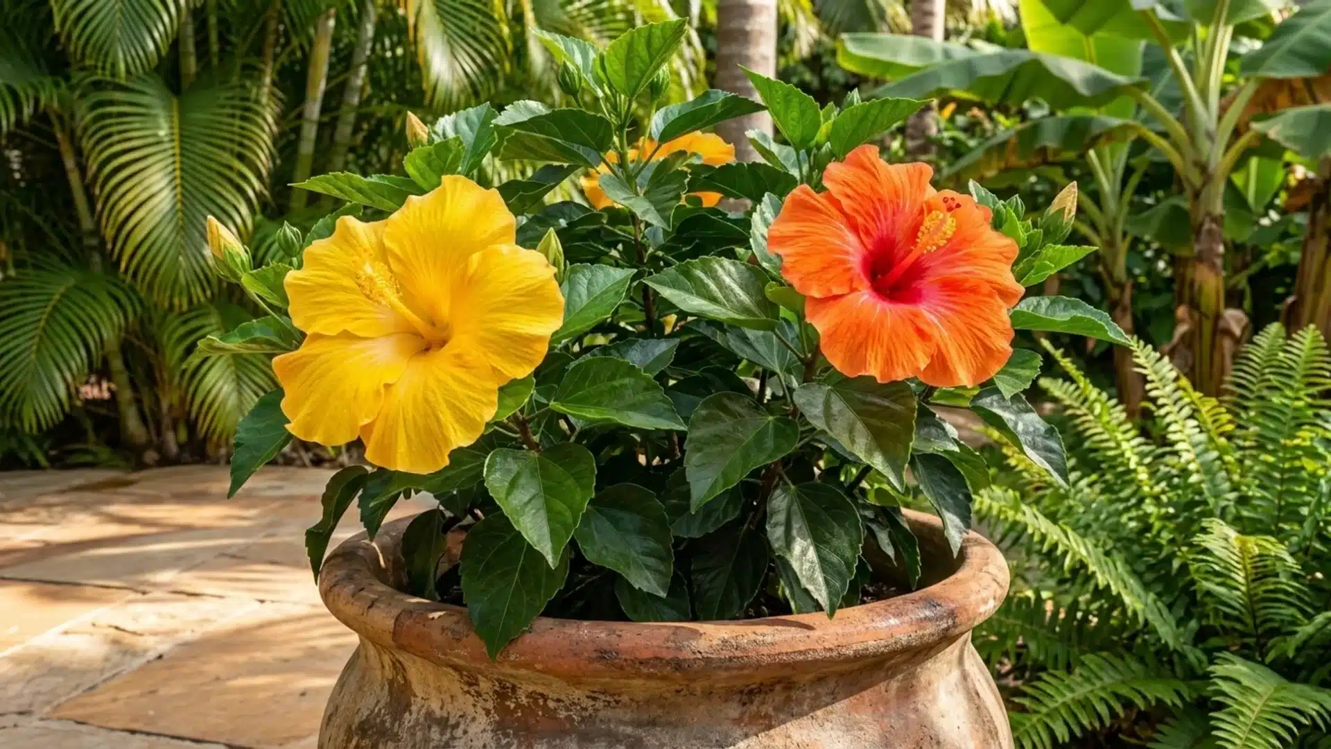 Tropical hibiscus plant with yellow and orange flowers growing in a terracotta pot in a garden.