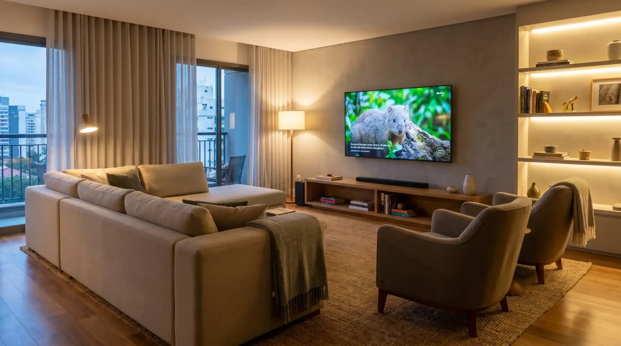 TV-centered living room furniture layout with seating oriented toward television in practical cozy media focused design.