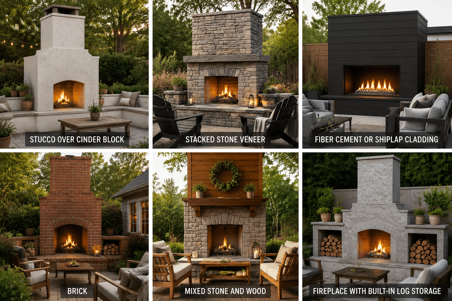 Different outdoor fireplace designs showing stucco, stone, brick, and modern finishes.