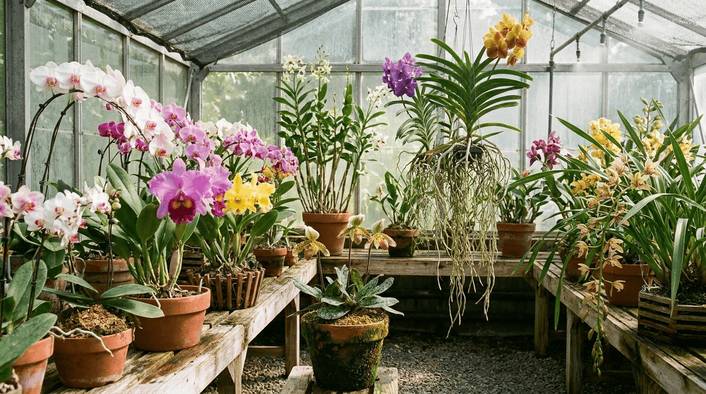 Collection of different orchid types including Phalaenopsis Cattleya Vanda and rare varieties in indoor greenhouse display.