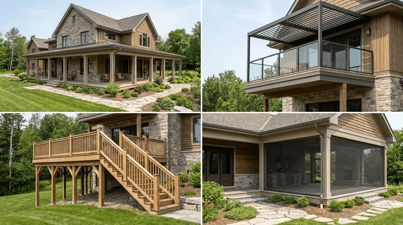 Outdoor structures comparison showing deck veranda lanai and balcony designs around residential home.