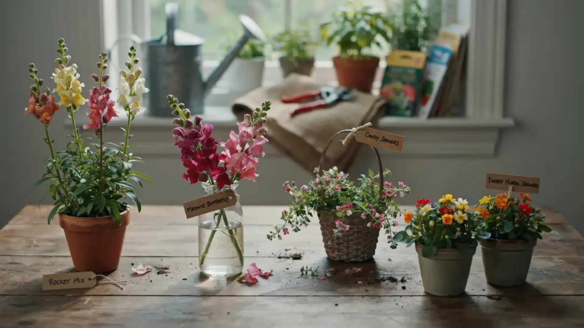 Different snapdragon varieties displayed in pots and containers with flowering plants and labels.