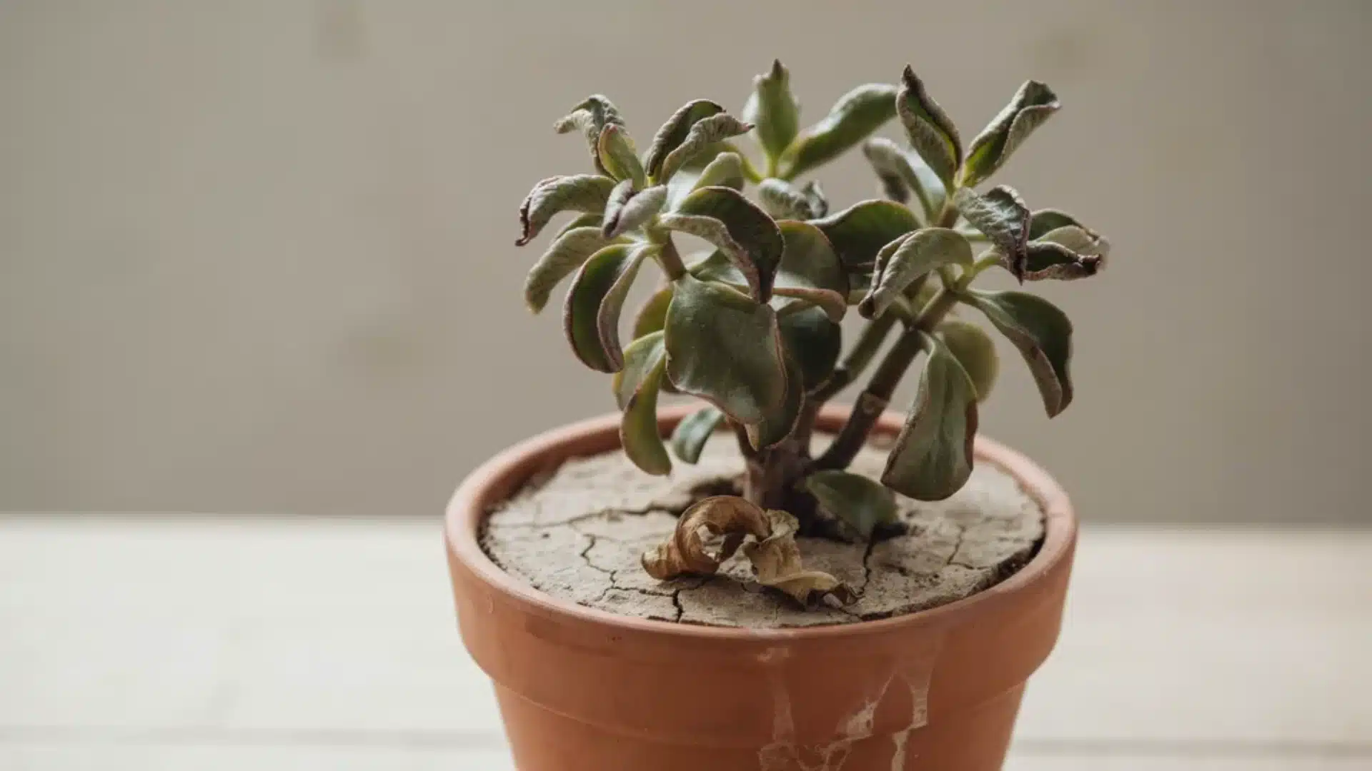 Jade plant with wrinkled, drooping leaves and dry soil indicating lack of water.