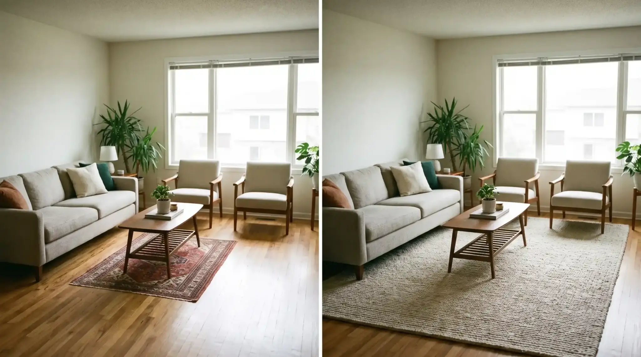 Comparison of small and properly sized rugs to make small living room look bigger by anchoring furniture.