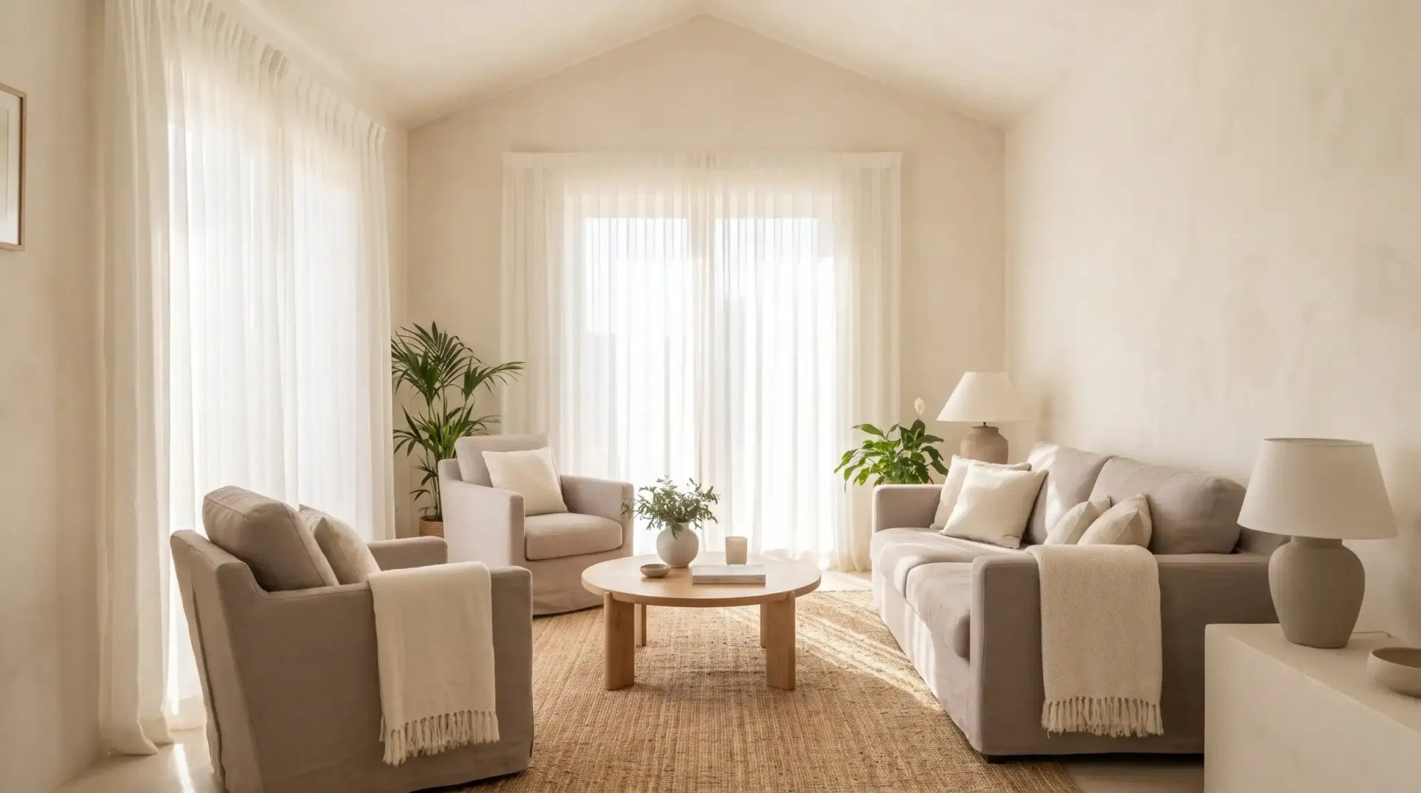 Neutral-toned living room showing how cohesive colors help make small living room look bigger and brighter.