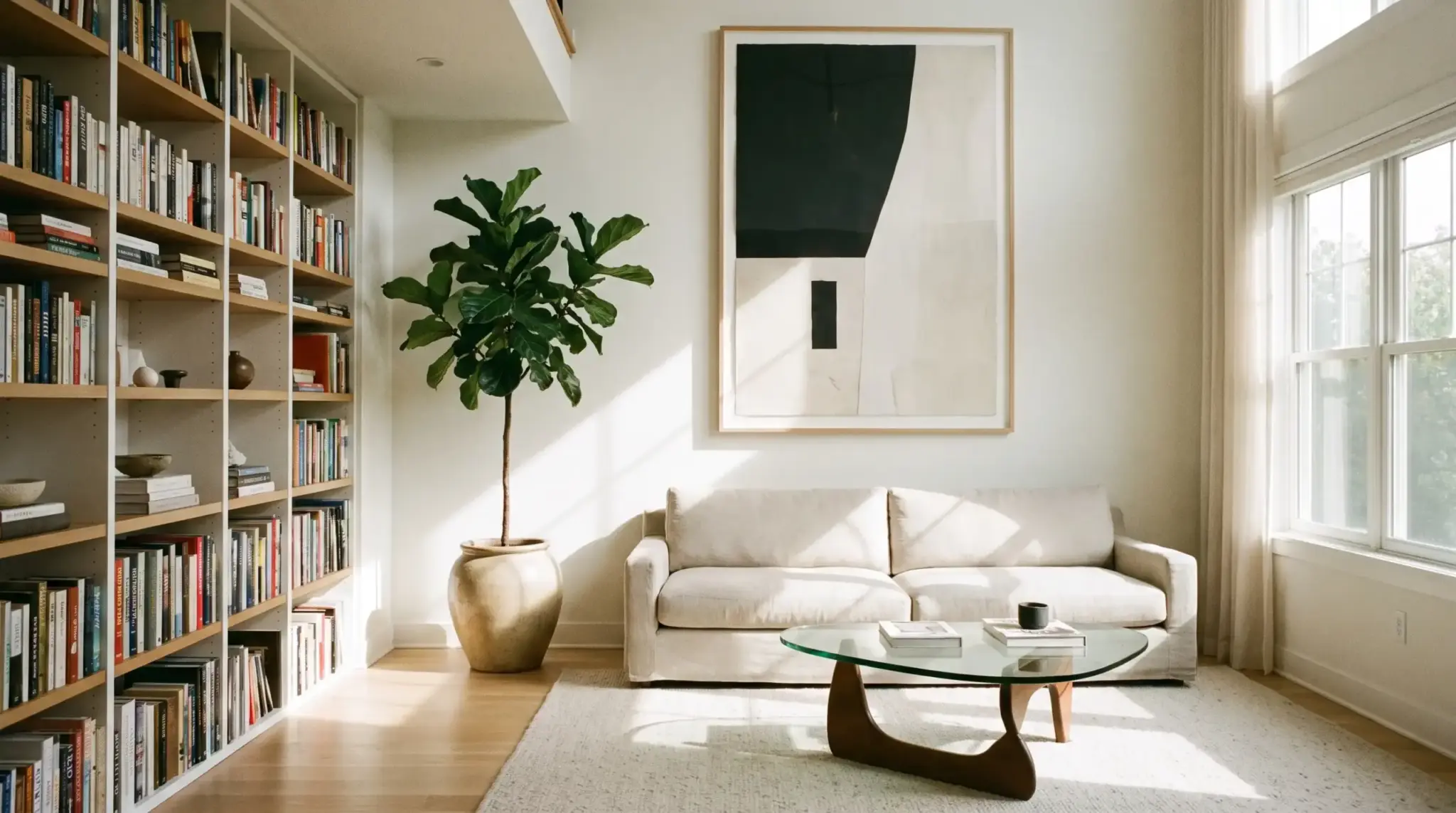 Tall bookshelves, elevated artwork, and indoor plant to make small living room look bigger by emphasizing height.