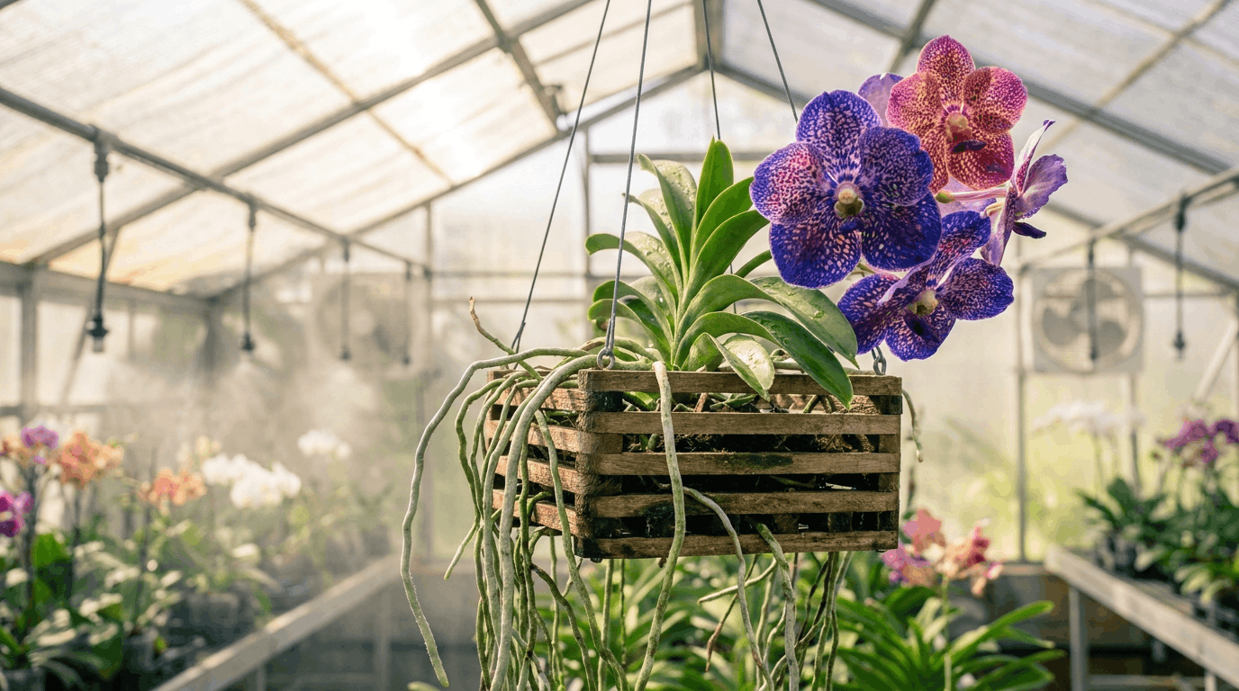 Vanda orchid with exposed aerial roots and colorful blue purple flowers growing in hanging basket setup.
