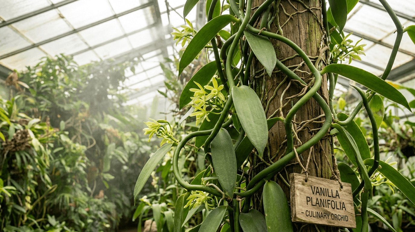 Vanilla orchid vine climbing support structure with green leaves and creamy flowers in tropical greenhouse.